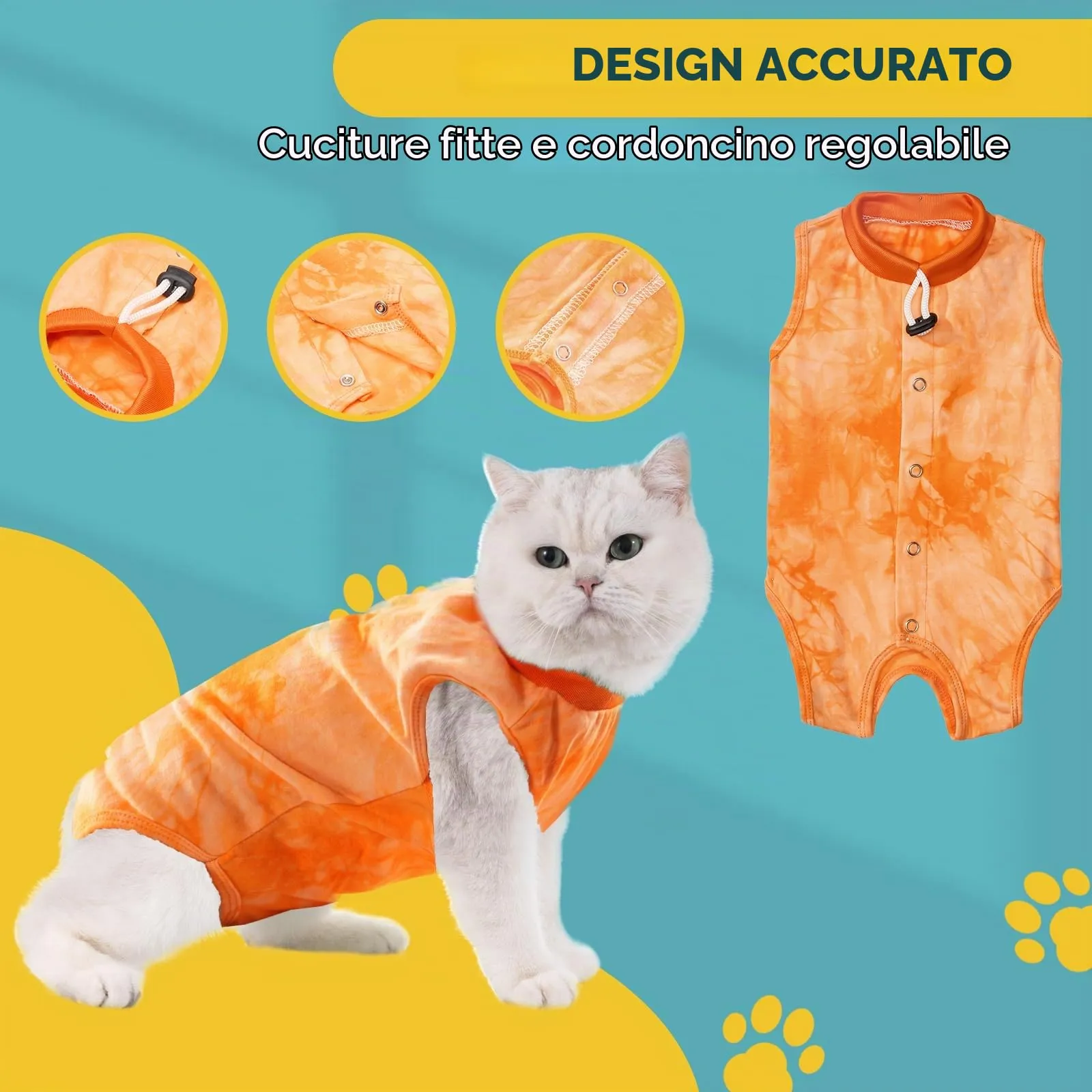 Avont Tuta da Recupero per Gatti, Body Gatto Post Operatorio Sterilizzazione, Cat Recovery Suit, Vestito Gatto per Impedire Leccare Ferita Addominale Dopo l'intervento Chirurgico –Arancio Tie-dye(S) - immagine 6