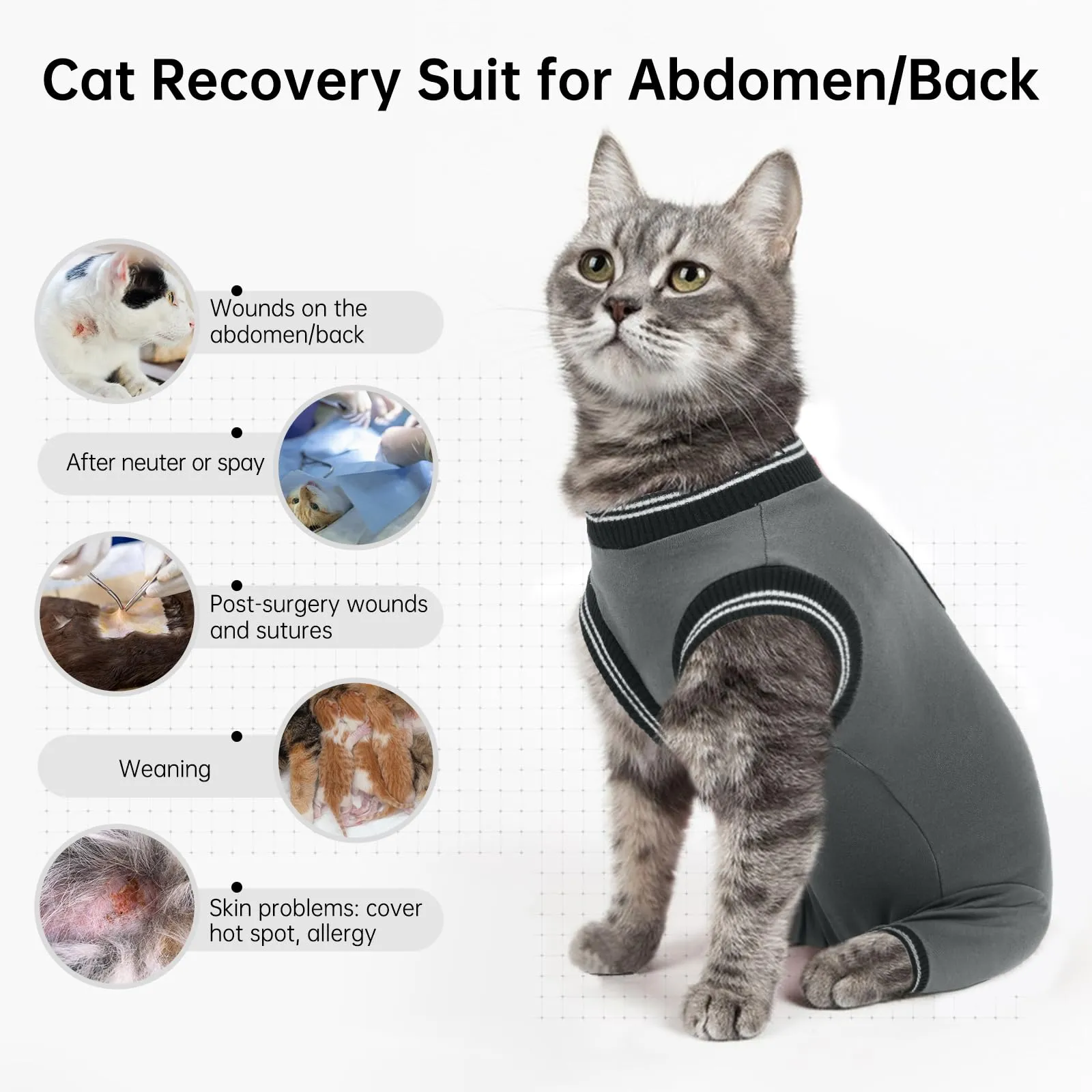 PUMYPOREITY Tuta da Recupero Gatti, Body Gatto Posteriore Manica Recupero Gatti Body Chirurgico Gatto Femmina Maglia per Gatti Post Operazione Protettivo per Recupero Postoperatorio(Grigio, L) - immagine 4