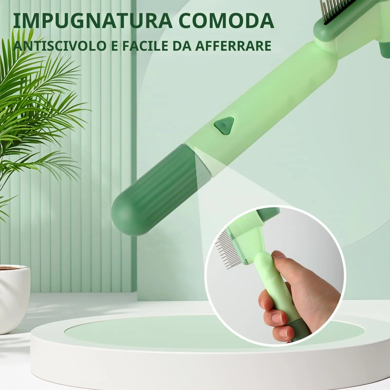 Pettine Autopulente per Gatti - Spazzola Antipulci con Pulsante Sblocco | Rimuove Peli Morti, Nodi & Forfora | Per Pelo Corto/Lungo | Accessorio Toelettatura Verde (1 Pezzo) - immagine 3