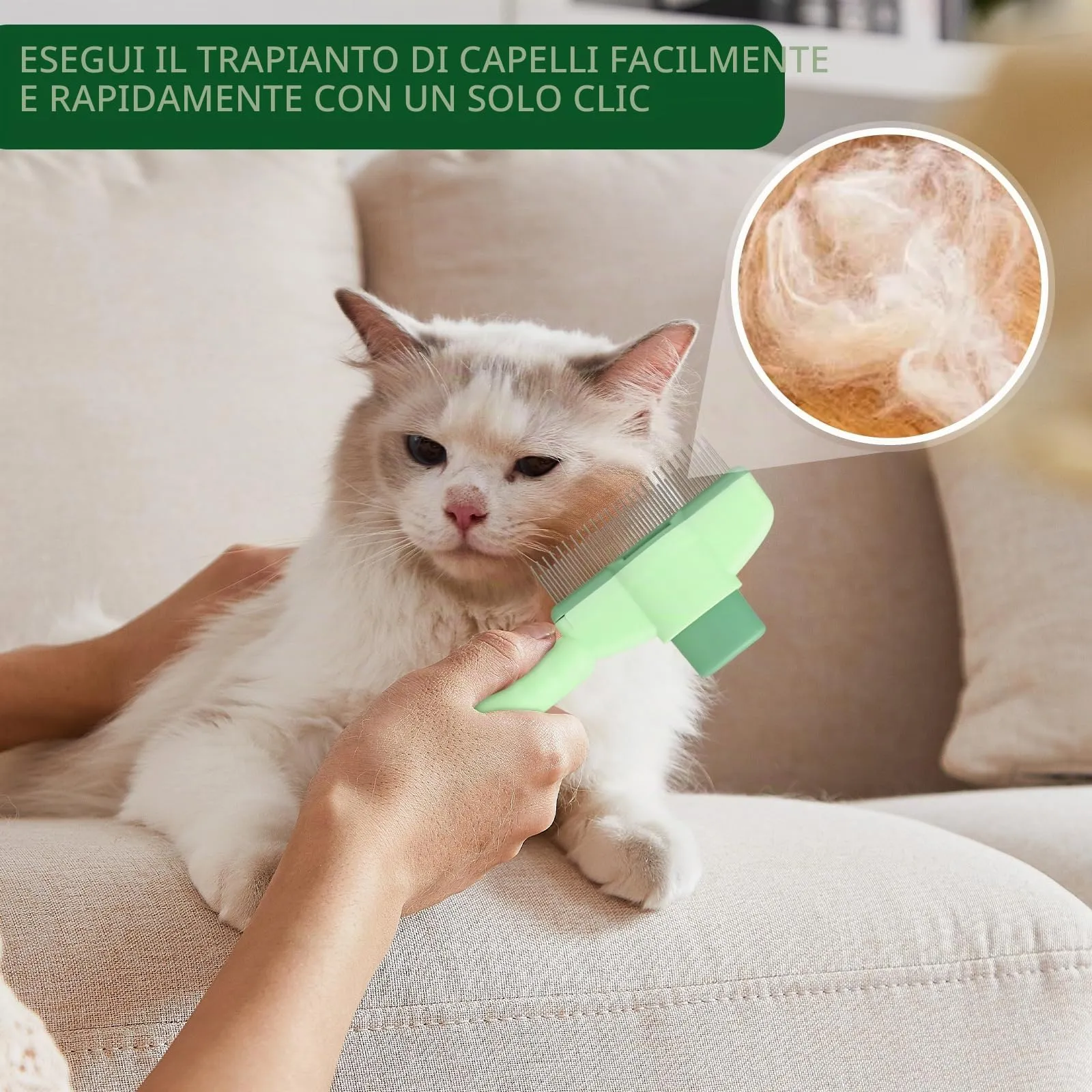 Pettine Autopulente per Gatti - Spazzola Antipulci con Pulsante Sblocco | Rimuove Peli Morti, Nodi & Forfora | Per Pelo Corto/Lungo | Accessorio Toelettatura Verde (1 Pezzo) - immagine 4