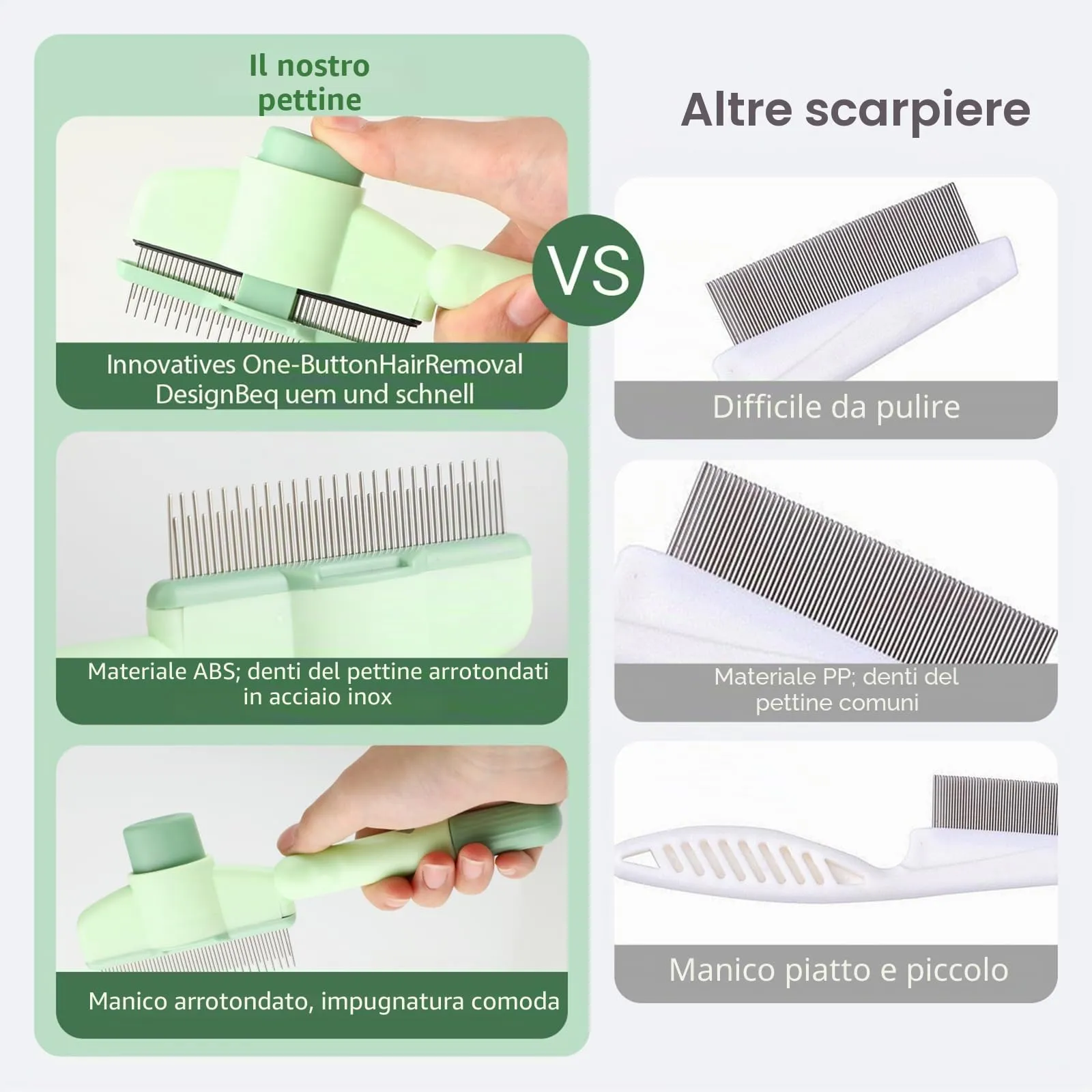 Pettine Autopulente per Gatti - Spazzola Antipulci con Pulsante Sblocco | Rimuove Peli Morti, Nodi & Forfora | Per Pelo Corto/Lungo | Accessorio Toelettatura Verde (1 Pezzo) - immagine 7