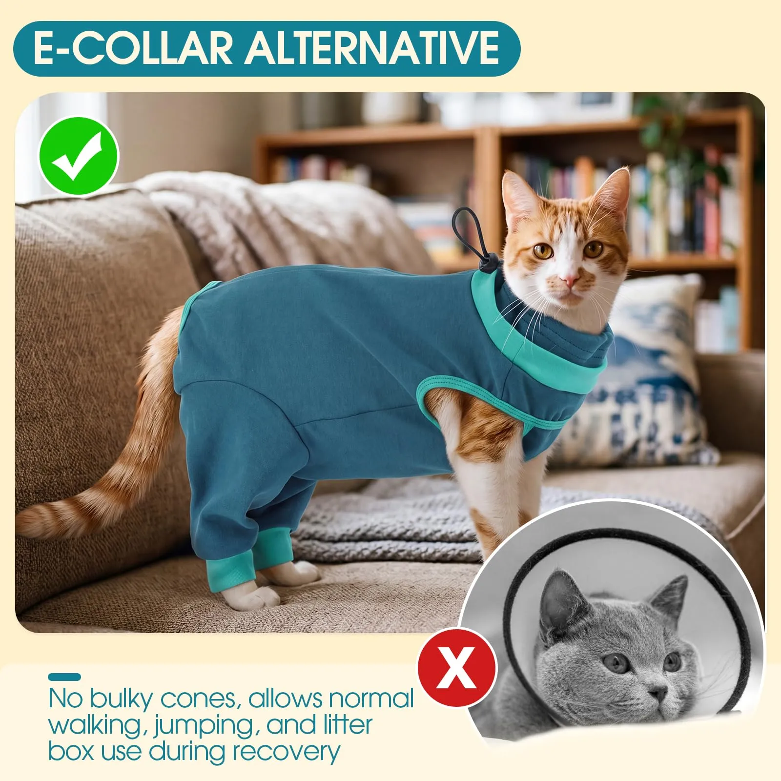 Hjyokuso Tuta per il recupero del gatto, copertura completa delle gambe posteriori per la chirurgia del gatto, tuta per recupero post-chirurgico, collo con coulisse anti fuga, smettere di leccare - immagine 5