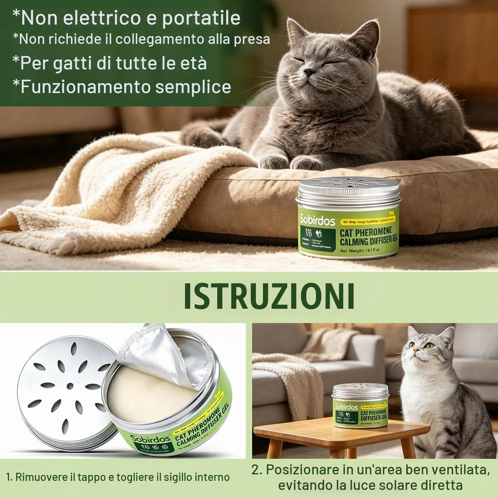 Sobirdos Diffusore Gel Calmante per Gatti, 120ml Senza Elettricità, 60 Giorni Durata, Coperchio Regolabile, Sicuro per Gatti Domestici e Multi-Gatto (Viola, M) - immagine 5
