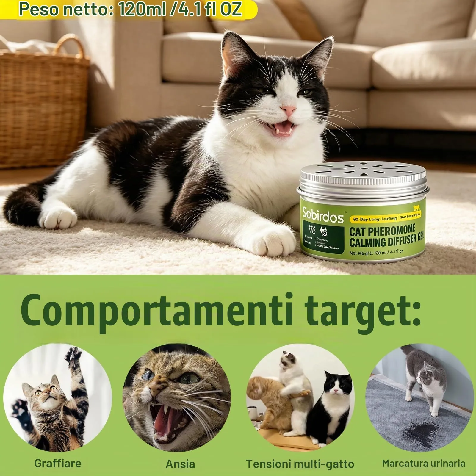 Sobirdos Diffusore Gel Calmante per Gatti, 120ml Senza Elettricità, 60 Giorni Durata, Coperchio Regolabile, Sicuro per Gatti Domestici e Multi-Gatto (Viola, M) - immagine 6