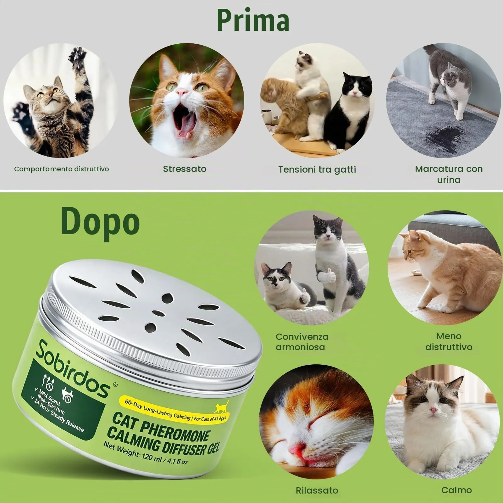 Sobirdos Diffusore Gel Calmante per Gatti, 120ml Senza Elettricità, 60 Giorni Durata, Coperchio Regolabile, Sicuro per Gatti Domestici e Multi-Gatto (Viola, M) - immagine 7
