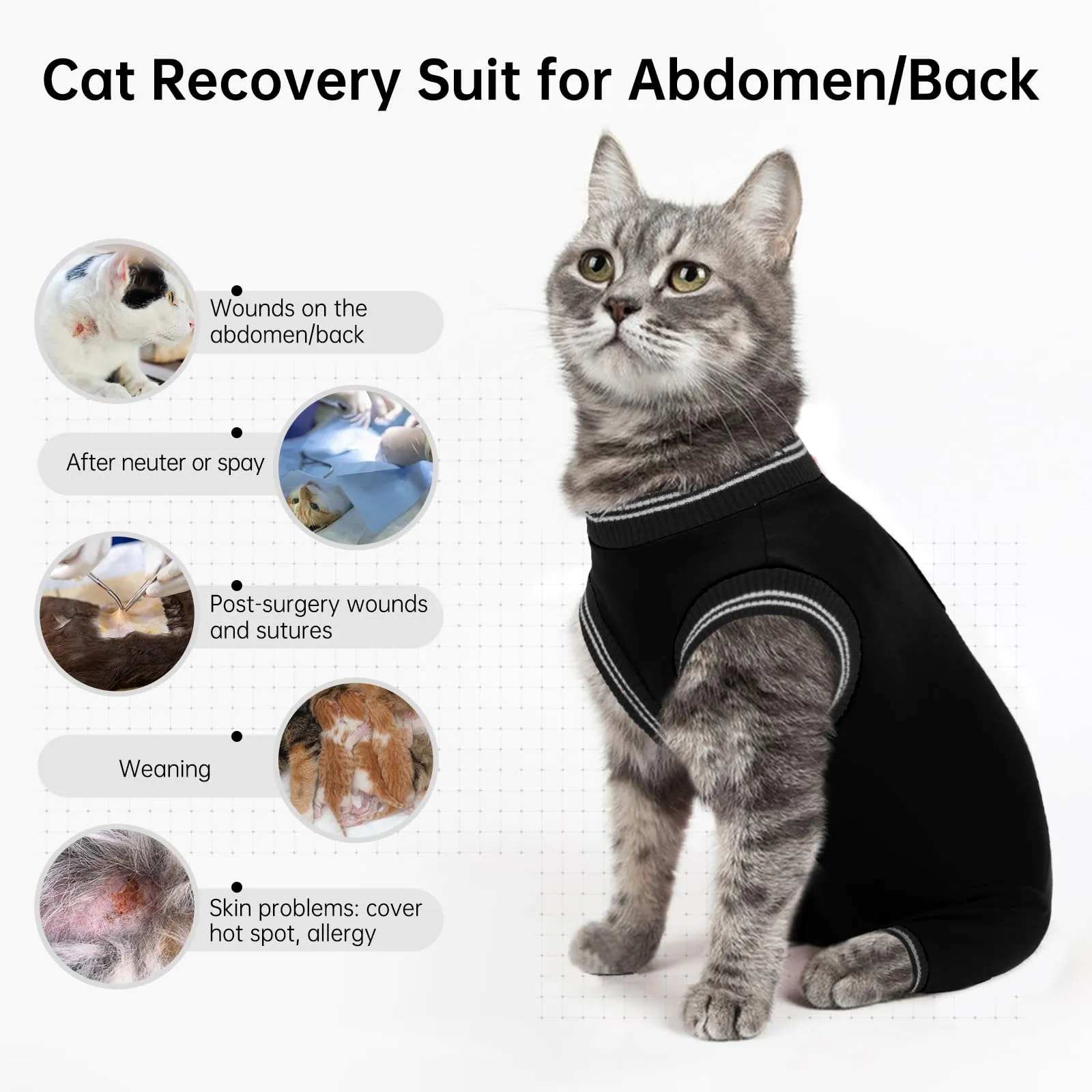 Body operatorio per gatto, per cagnolino e gatto, con gambe posteriori, abbigliamento post-operatorio (nero, L) - immagine 2