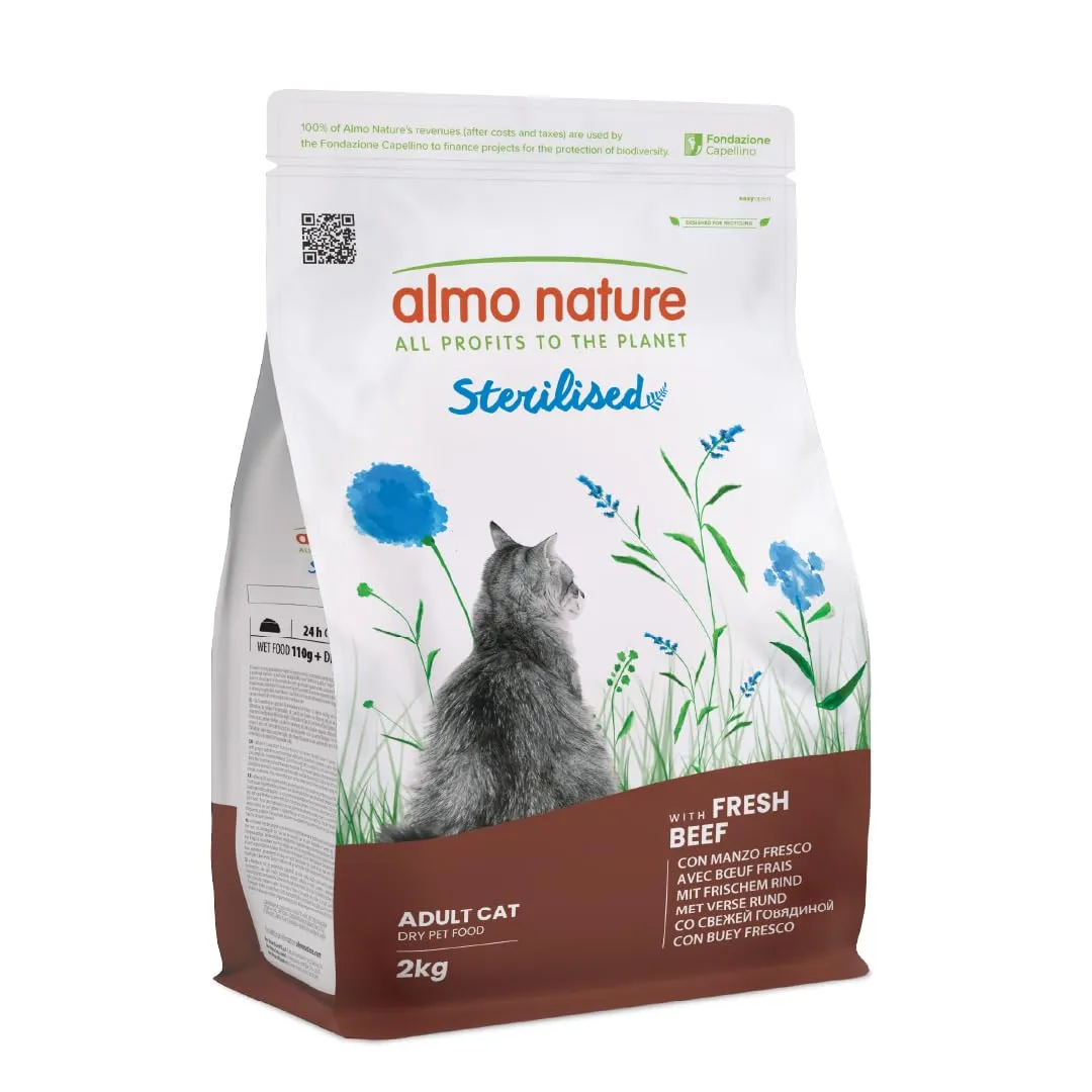 Almo Nature Sterilised - Crocchette Gatto Sterilizzato con Manzo Fresco - A Basso Contenuto di Magnesio e con Fibre per il Controllo del Peso - Sacco da 2kg - immagine 1