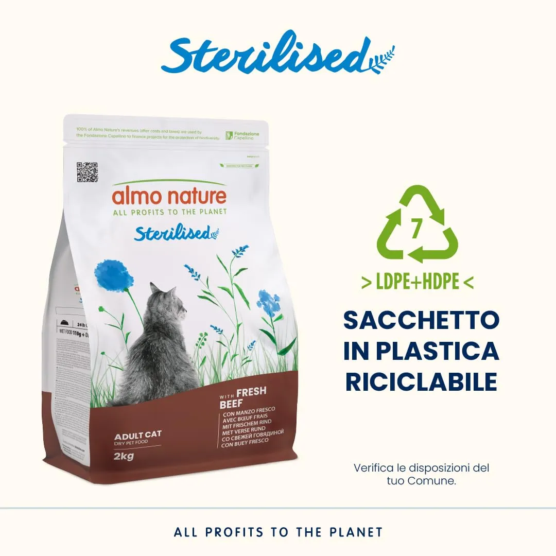 Almo Nature Sterilised - Crocchette Gatto Sterilizzato con Manzo Fresco - A Basso Contenuto di Magnesio e con Fibre per il Controllo del Peso - Sacco da 2kg - immagine 4