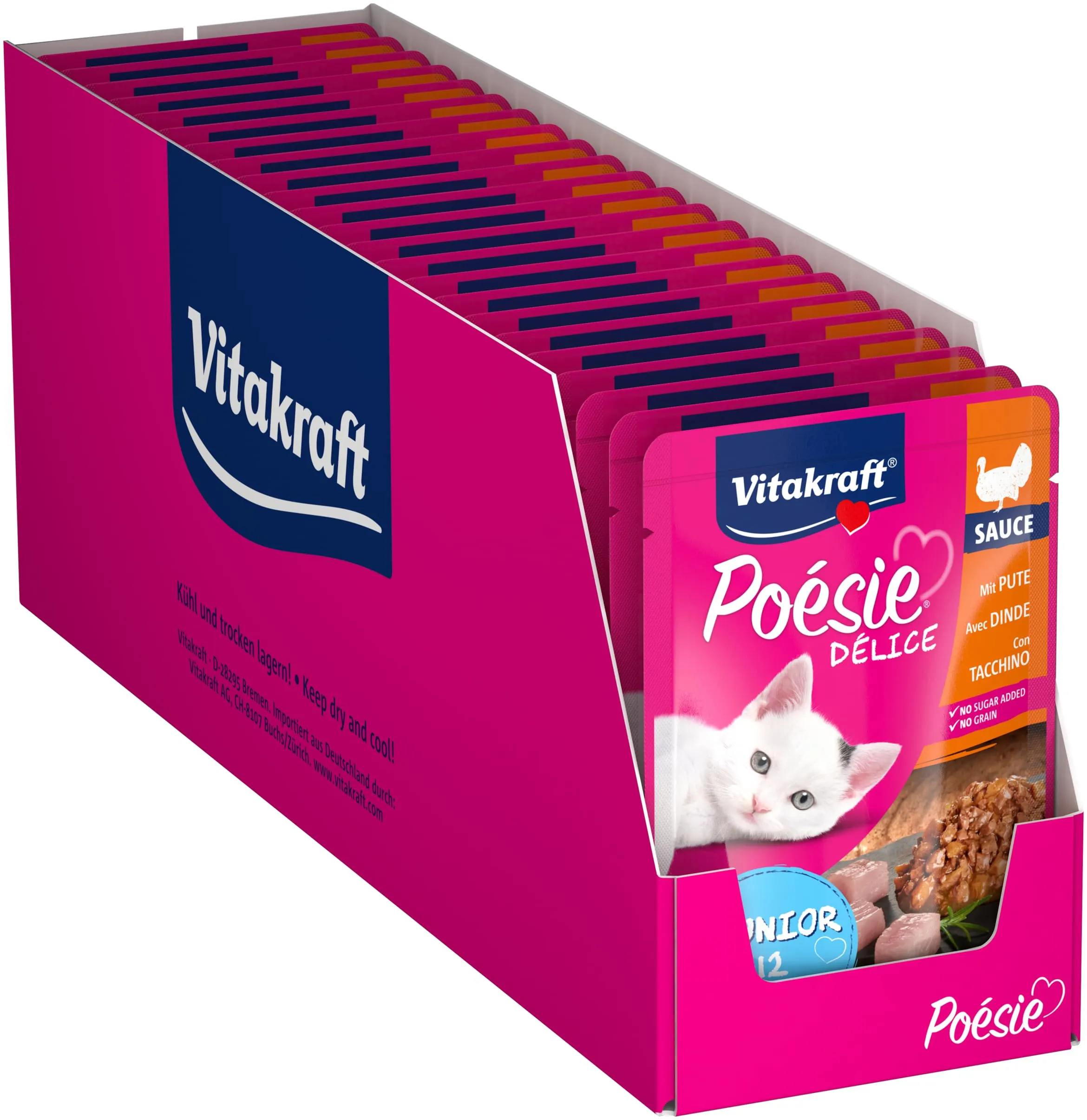 Vitakraft Poésie Délice, Junior, alimento umido gatto, alimento umido gatto in salsa, con tacchino, confezione scorta, per gatti giovani, senza l'aggiunta di zuccheri e cereali (23x 85g) - immagine 1