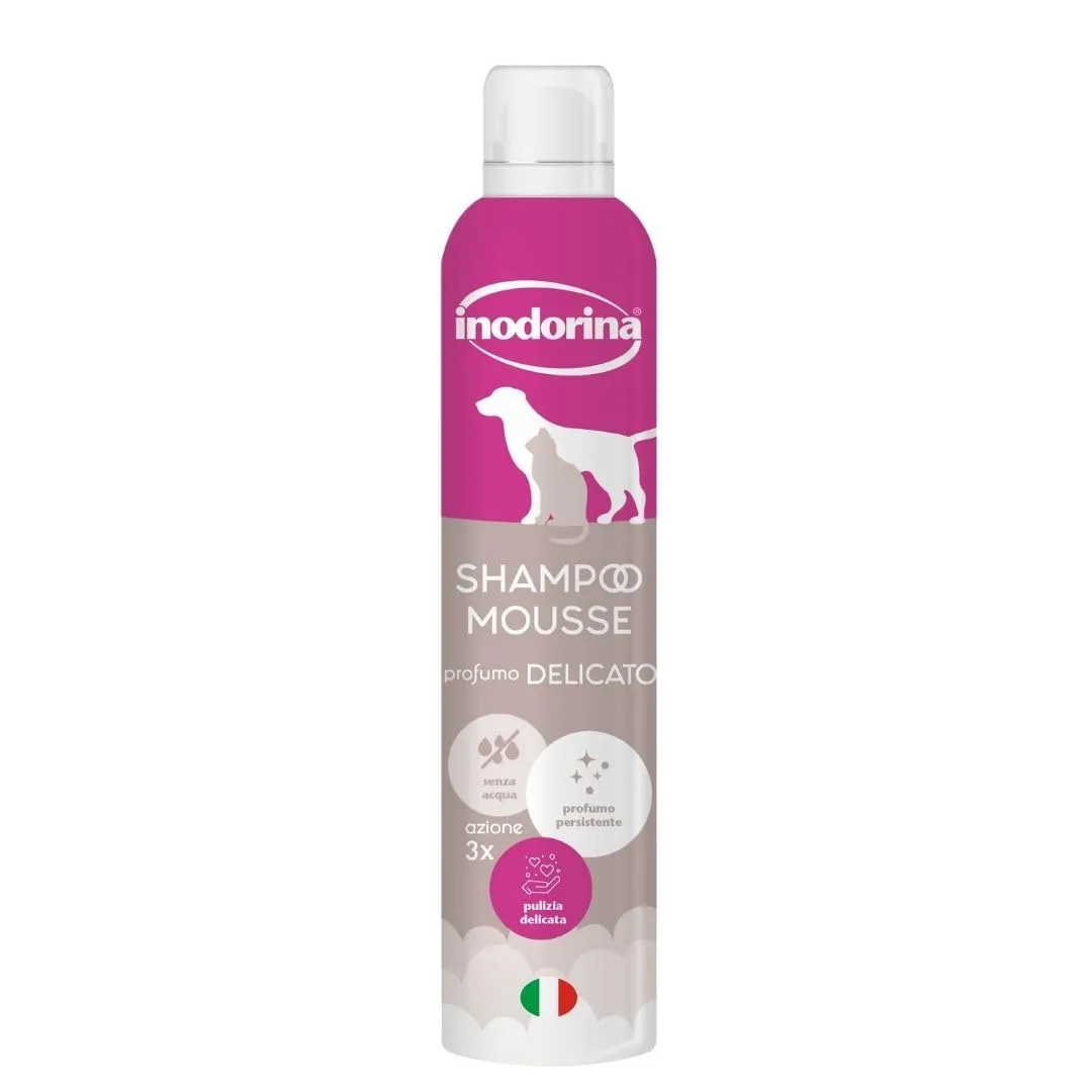 Inodorina Shampoo secco per cani, gatti e cuccioli (300 ml, Profumo delicato) – Mousse ad azione emolliente e detergente – Rispetta il pH naturale, ideale per lavaggi frequenti - immagine 1