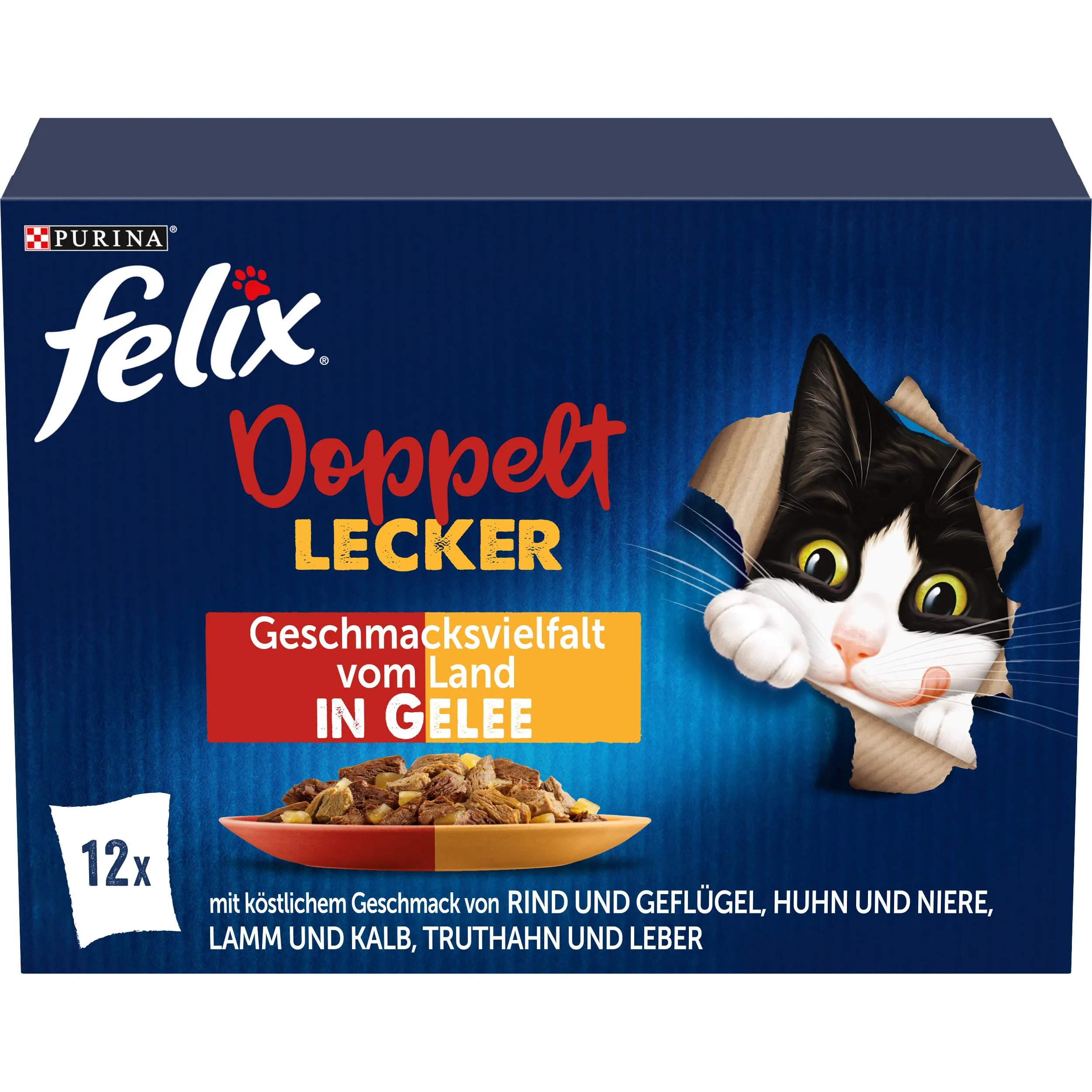 FELIX Ottimo come appare, doppio cibo per gatti bagnato in gelatina, mix di varietà, confezione da 6 (6 x 12 sacchetti da 85 g) - immagine 1