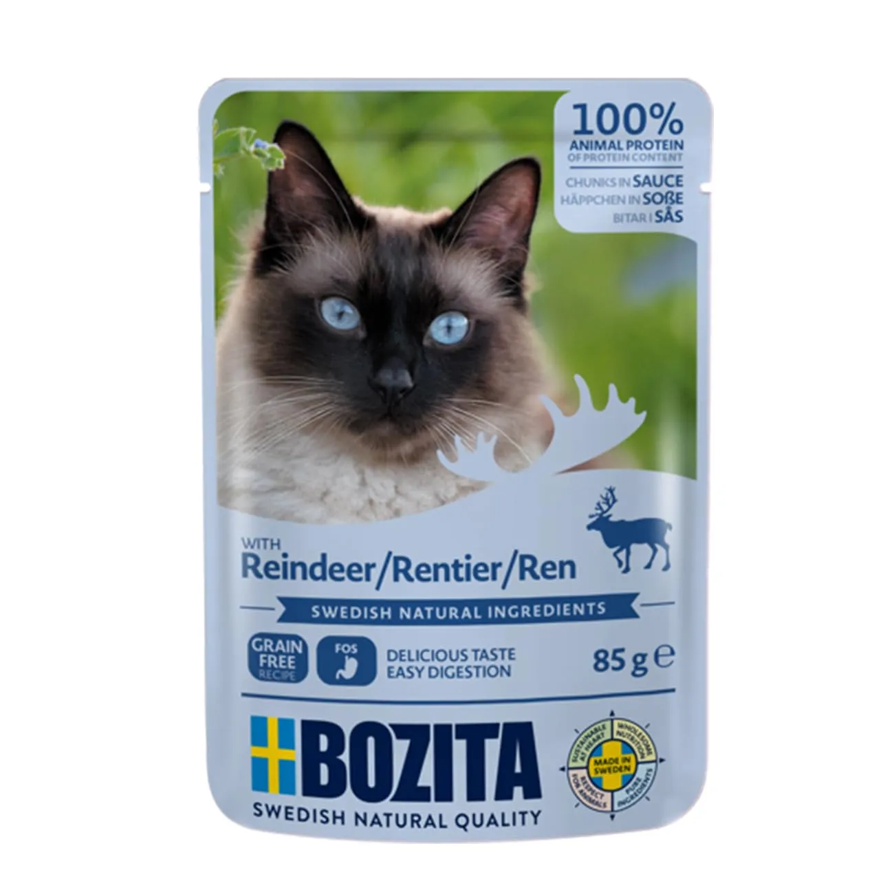 BOZITA Sacchetto per alimenti umidi in salsa con renna, 12 x 85 g, senza cereali, per gatti adulti - immagine 1