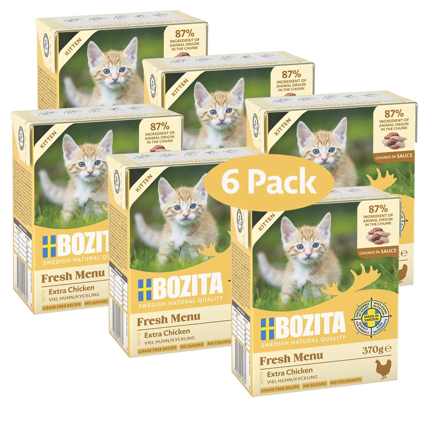 Bozita Tetra tartine in salsa con pollo per stuccati, 6 x 370 g, cibo per gatti premium senza cereali e zucchero, senza ingegneria genetica, con 7,5% di proteine e 5% di grassi, delizioso cibo umido - immagine 1