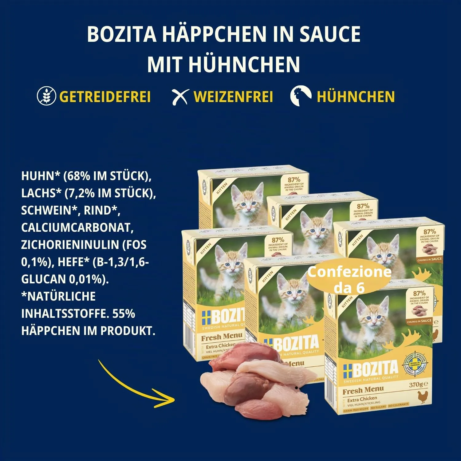 Bozita Tetra tartine in salsa con pollo per stuccati, 6 x 370 g, cibo per gatti premium senza cereali e zucchero, senza ingegneria genetica, con 7,5% di proteine e 5% di grassi, delizioso cibo umido - immagine 3