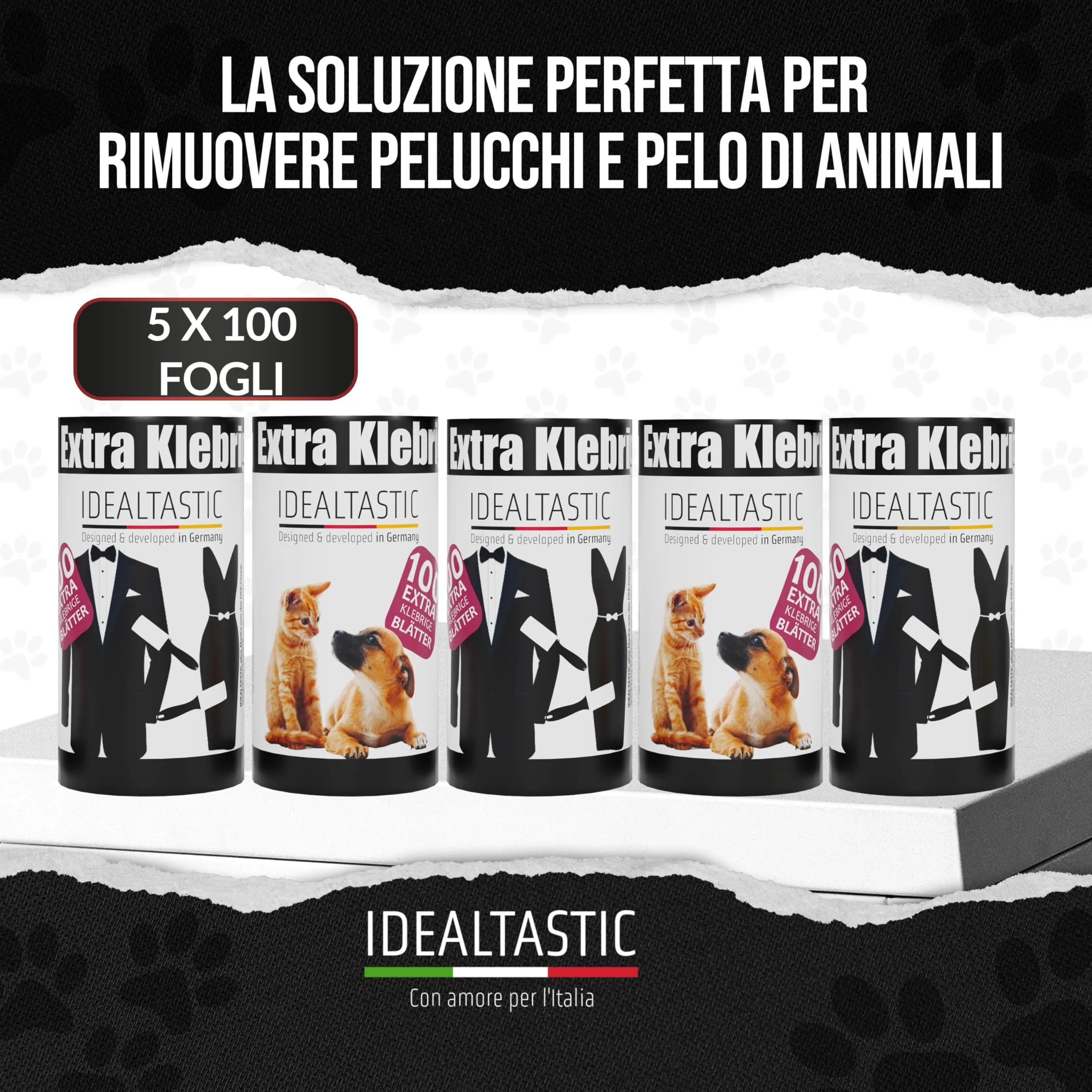 IDEALTASTIC® Rullo per peli e vestiti di animali domestici | confezione di ricarica 5x100 fogli | rullo per peli di animali domestici extra appiccicoso - immagine 2