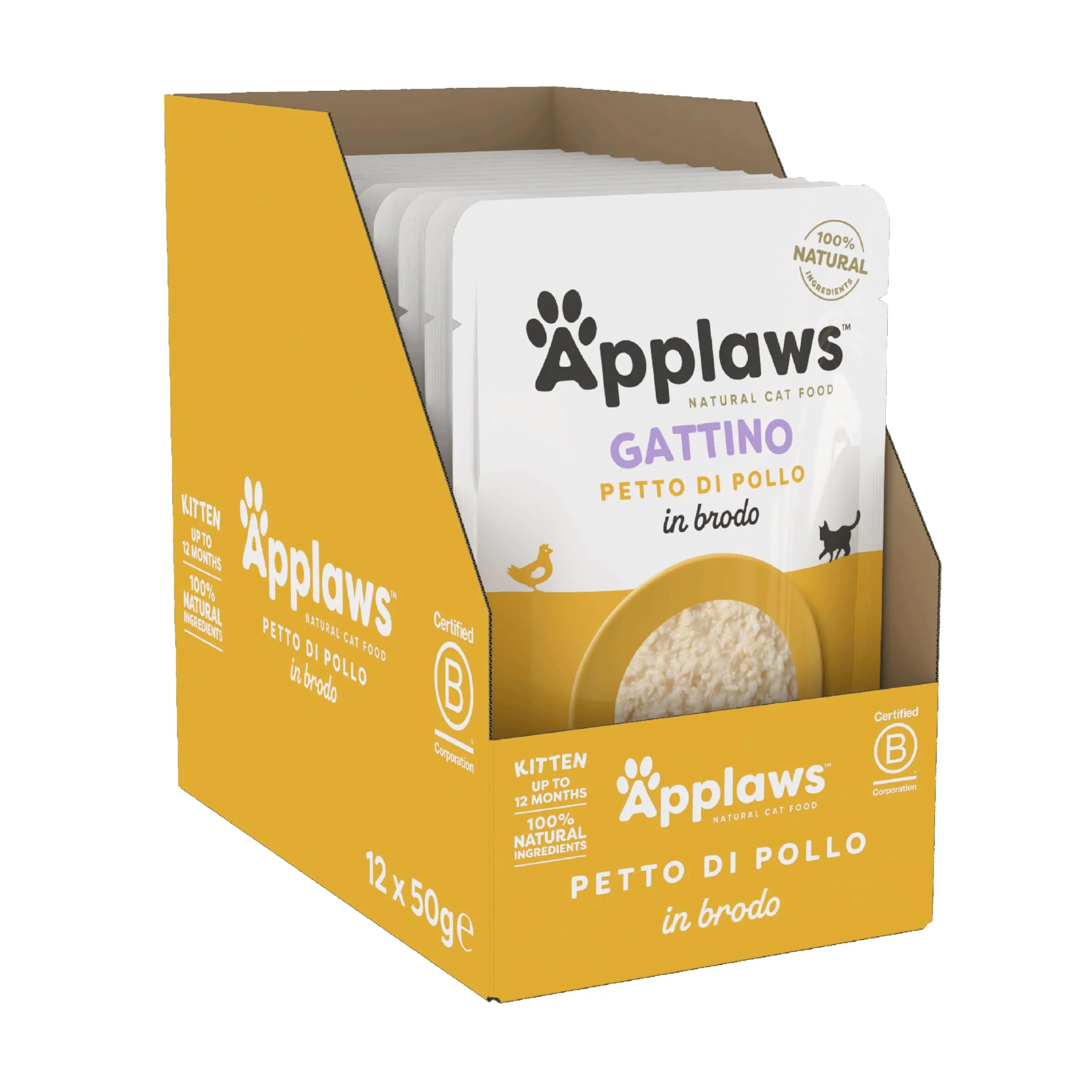Applaws Cibo Umido Naturale al 100% per Gattini, Petto di Pollo in Brodo - Confezione da 12 x 50g Bustine - immagine 1