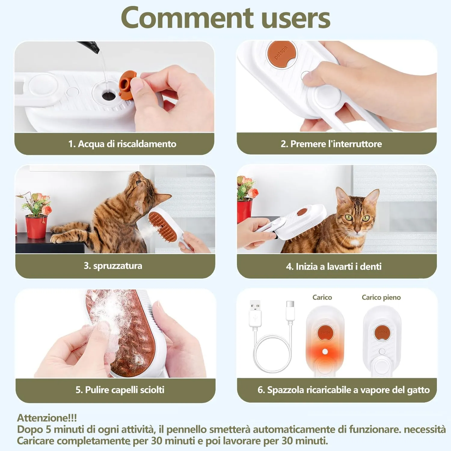 Spazzola a Vapore per Gatti e Cani, 5-In-1 Multifunzionale Spazzola per la Cura Degli Animali Domestici con Ricaricabile, Vaporosa per Gatti Capelli Lunghi/Corti, Bianco - immagine 4