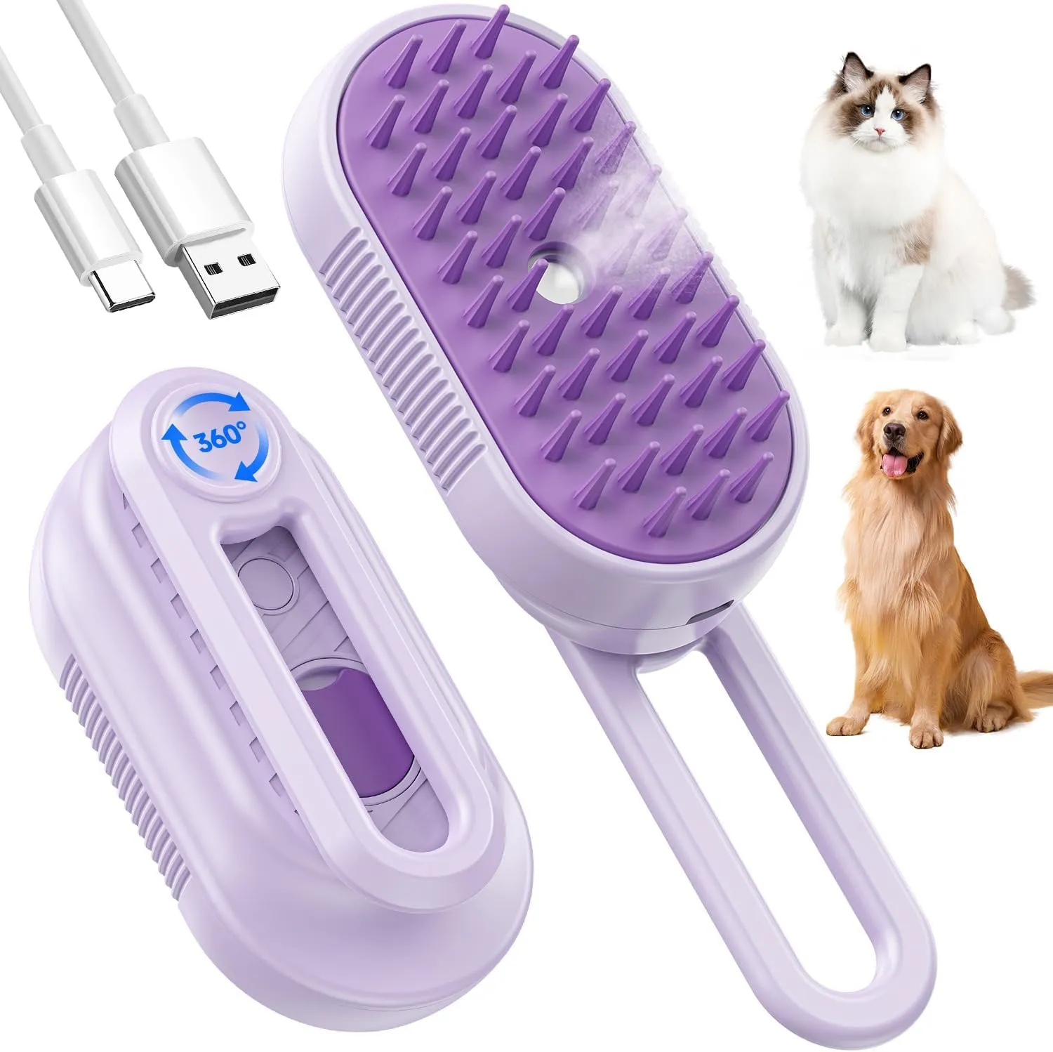 Spazzola a Vapore per Gatti e Cani, 5-In-1 Multifunzionale Spazzola per la Cura Degli Animali Domestici con Ricaricabile, Vaporosa per Gatti Capelli Lunghi/Corti, Viola - immagine 1