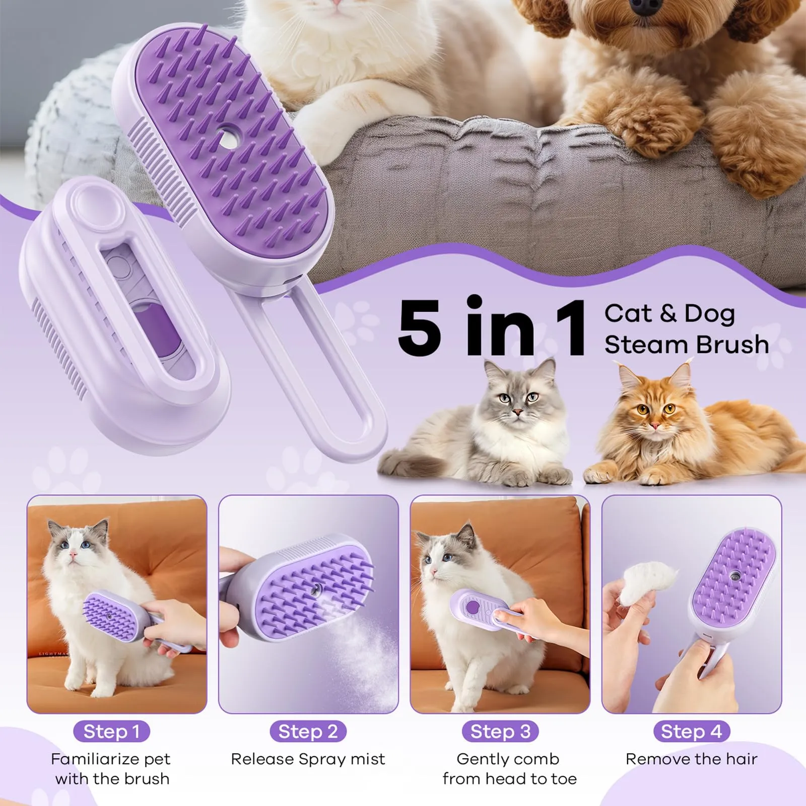 Spazzola a Vapore per Gatti e Cani, 5-In-1 Multifunzionale Spazzola per la Cura Degli Animali Domestici con Ricaricabile, Vaporosa per Gatti Capelli Lunghi/Corti, Viola - immagine 2