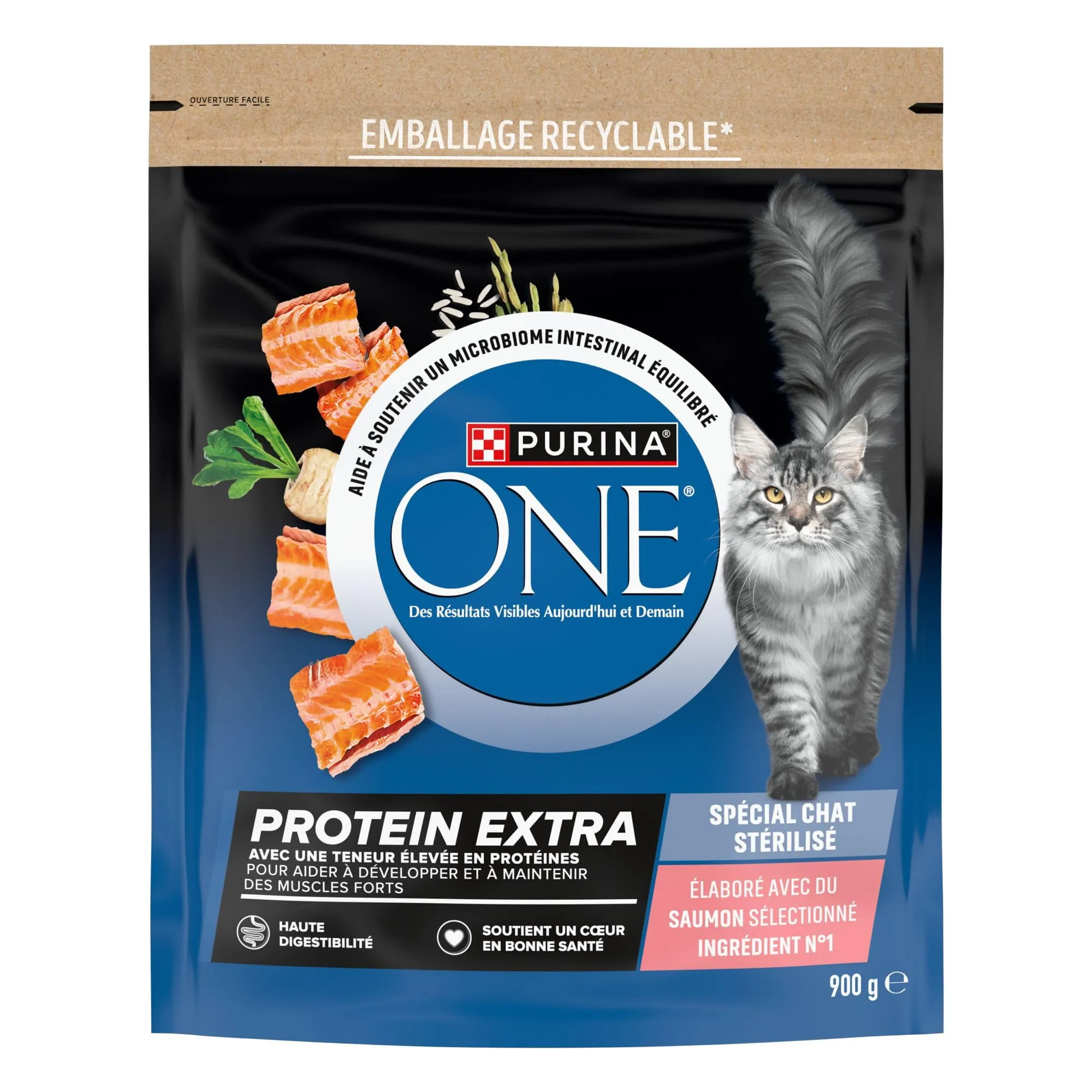 PURINA ONE | Protein Extra | Crocchette Speciali per Gatto Adulto Sterilizzato | Alto Contenuto di Proteine e Aminoacidi per Aiutare a Sviluppare e Mantenere Muscoli Forti | Salmone | Sacco | 900g - immagine 2