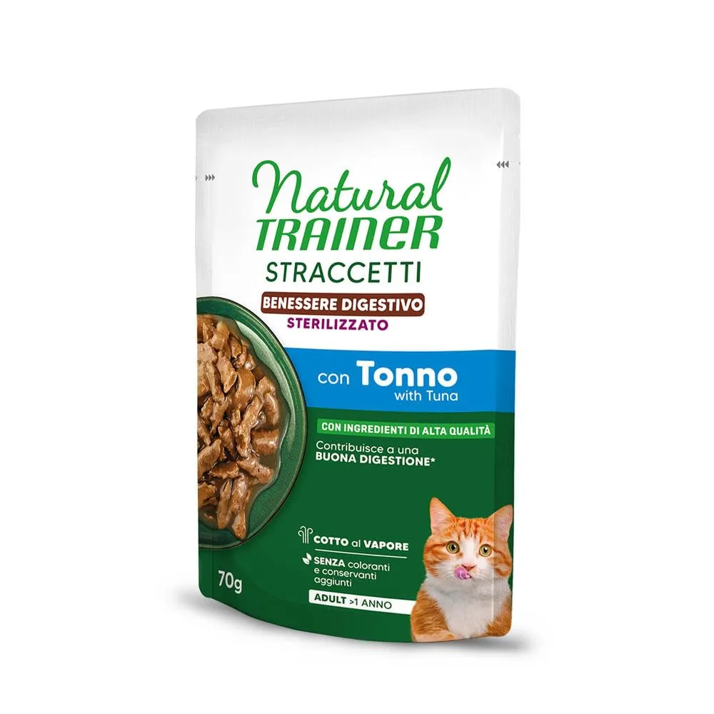 Natural Trainer Benessere Digestivo - Cibo umido per gatti adulti sterilizzati - Straccetti con Tonno - 28 bustine da 70g - immagine 2
