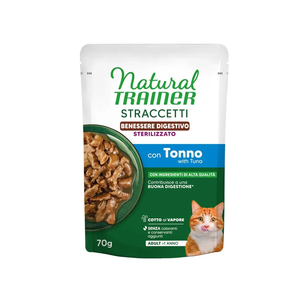 Natural Trainer Benessere Digestivo - Cibo umido per gatti adulti sterilizzati - Straccetti con Tonno - 28 bustine da 70g - immagine 3