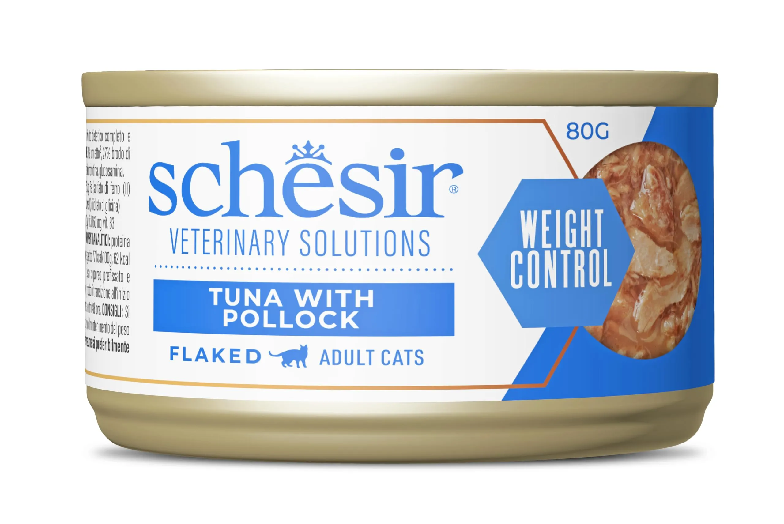 Schesir Veterinary Solutions Weight Control, Fiocchi Tonnetto con Merluzzo, Alimento Umido Dietetico per Gatti Adulti, Riduzione dell'Eccesso di Peso Corporeo, 8 x 80 g - immagine 1