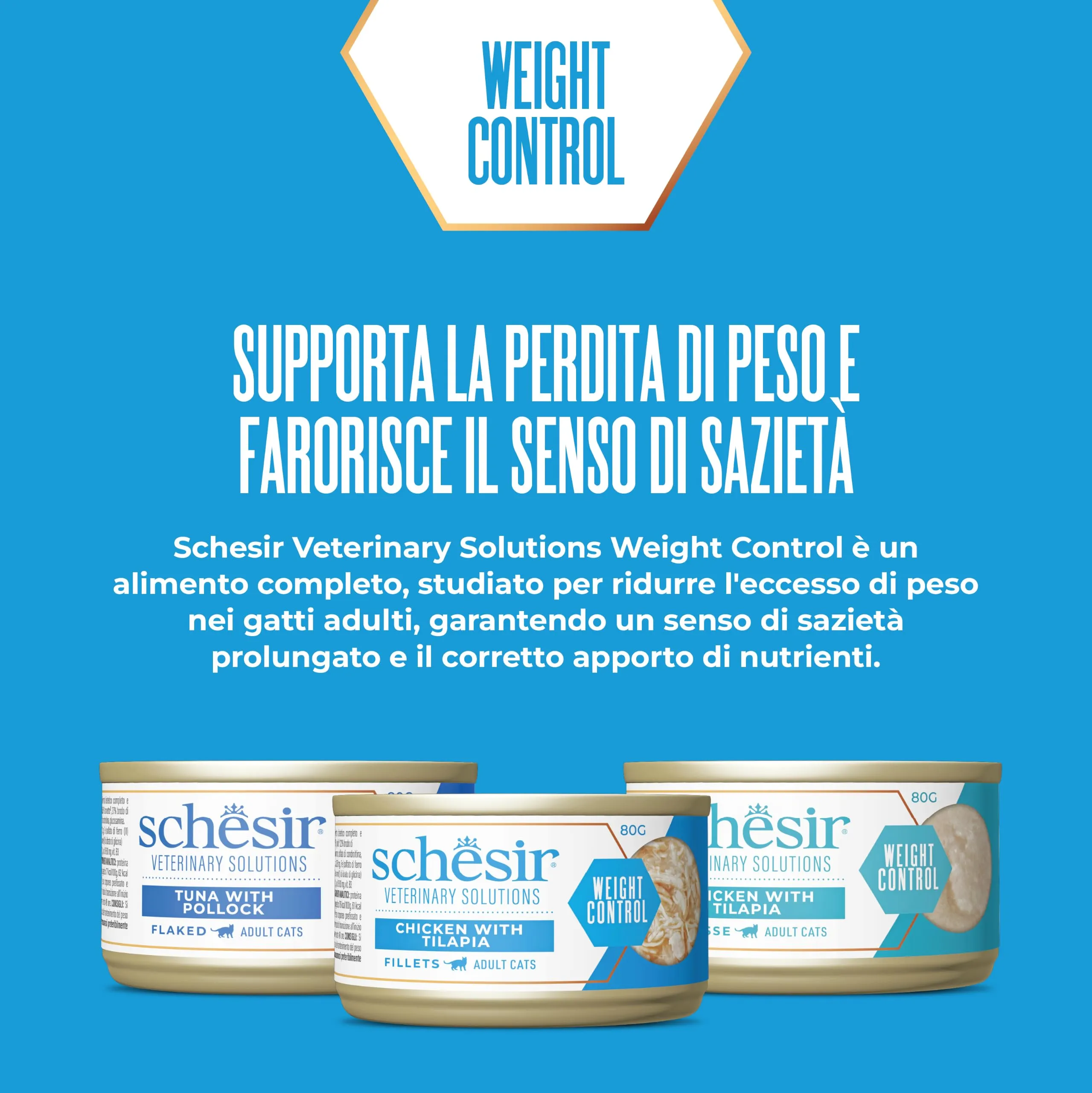 Schesir Veterinary Solutions Weight Control, Fiocchi Tonnetto con Merluzzo, Alimento Umido Dietetico per Gatti Adulti, Riduzione dell'Eccesso di Peso Corporeo, 8 x 80 g - immagine 2