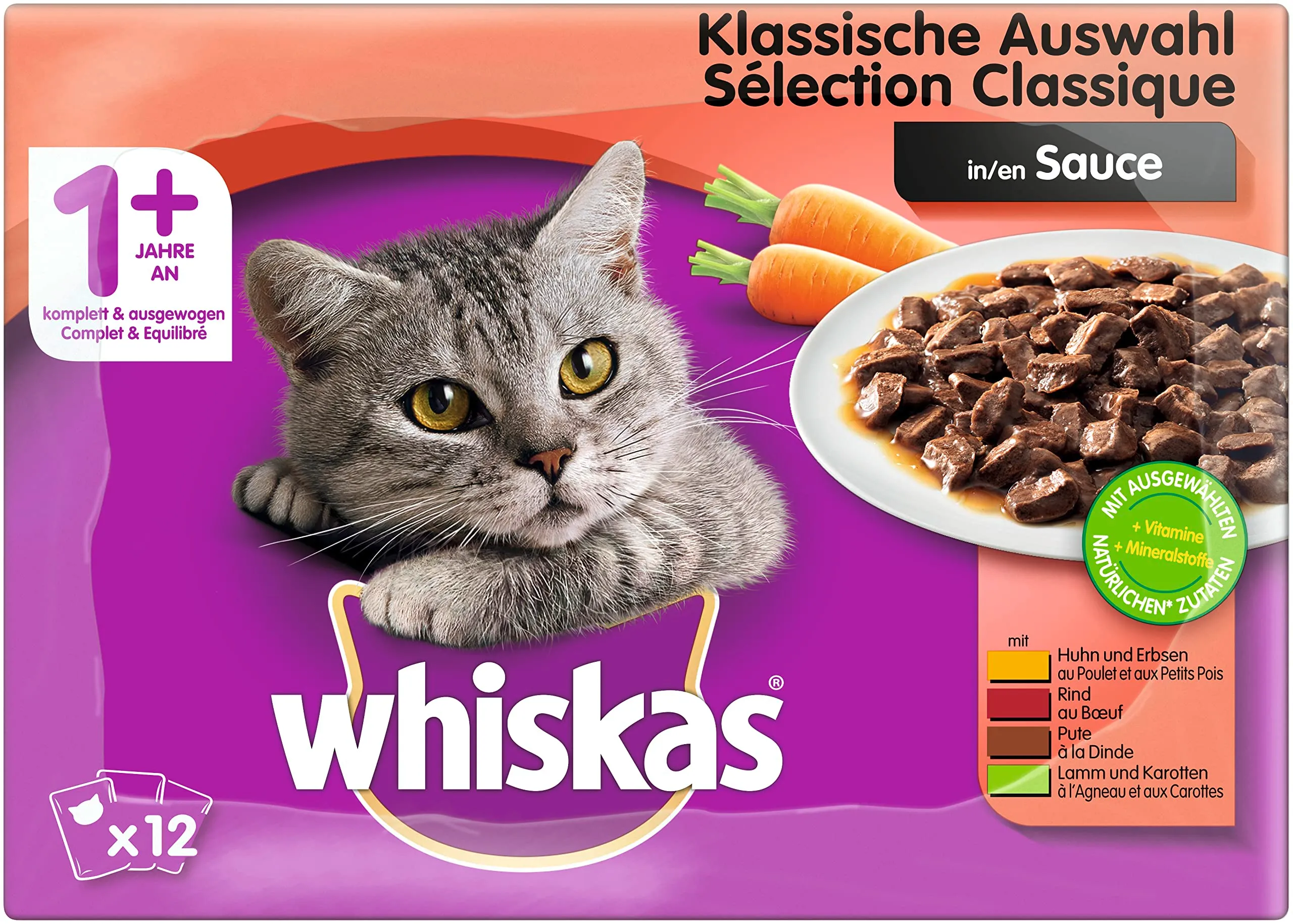 Whiskas 1 cibo umido per gatti – selezione classica in salsa – cibo umido di alta qualità in 48 sacchetti per un gatto felice a partire da 1 anno – cibo per gatti – Confezione da 4 (4 x 12 sacchetti - immagine 1