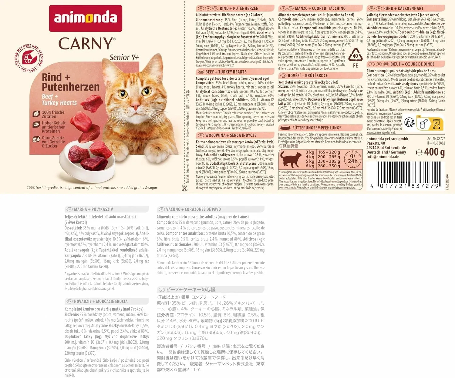 animonda Carny Senior, cibo umido per gatti, bagnato per gatti da 7 anni,, Manzo + Cuori di Tacchino 6 x 400 g - immagine 4