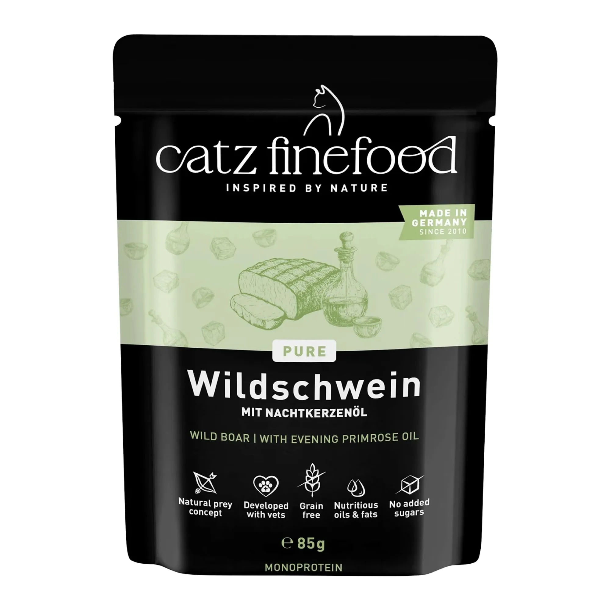 catz finefood Purrrrr Selvatico Monoprotein cibo umido per gatti N° 109, per gatti sensibili alla nutrizione, 70% carne, 16 sacchetti da 85 g - immagine 1