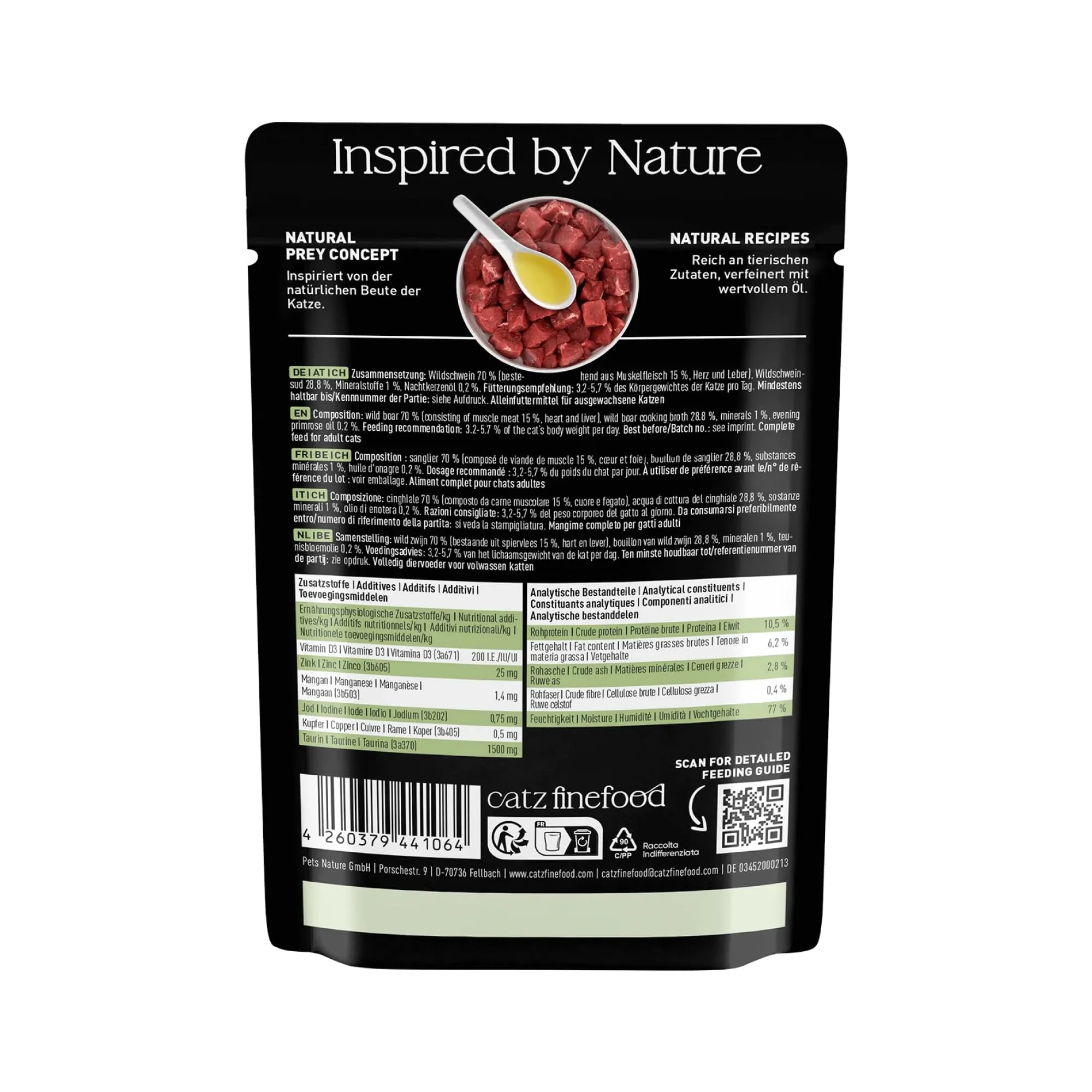 catz finefood Purrrrr Selvatico Monoprotein cibo umido per gatti N° 109, per gatti sensibili alla nutrizione, 70% carne, 16 sacchetti da 85 g - immagine 2