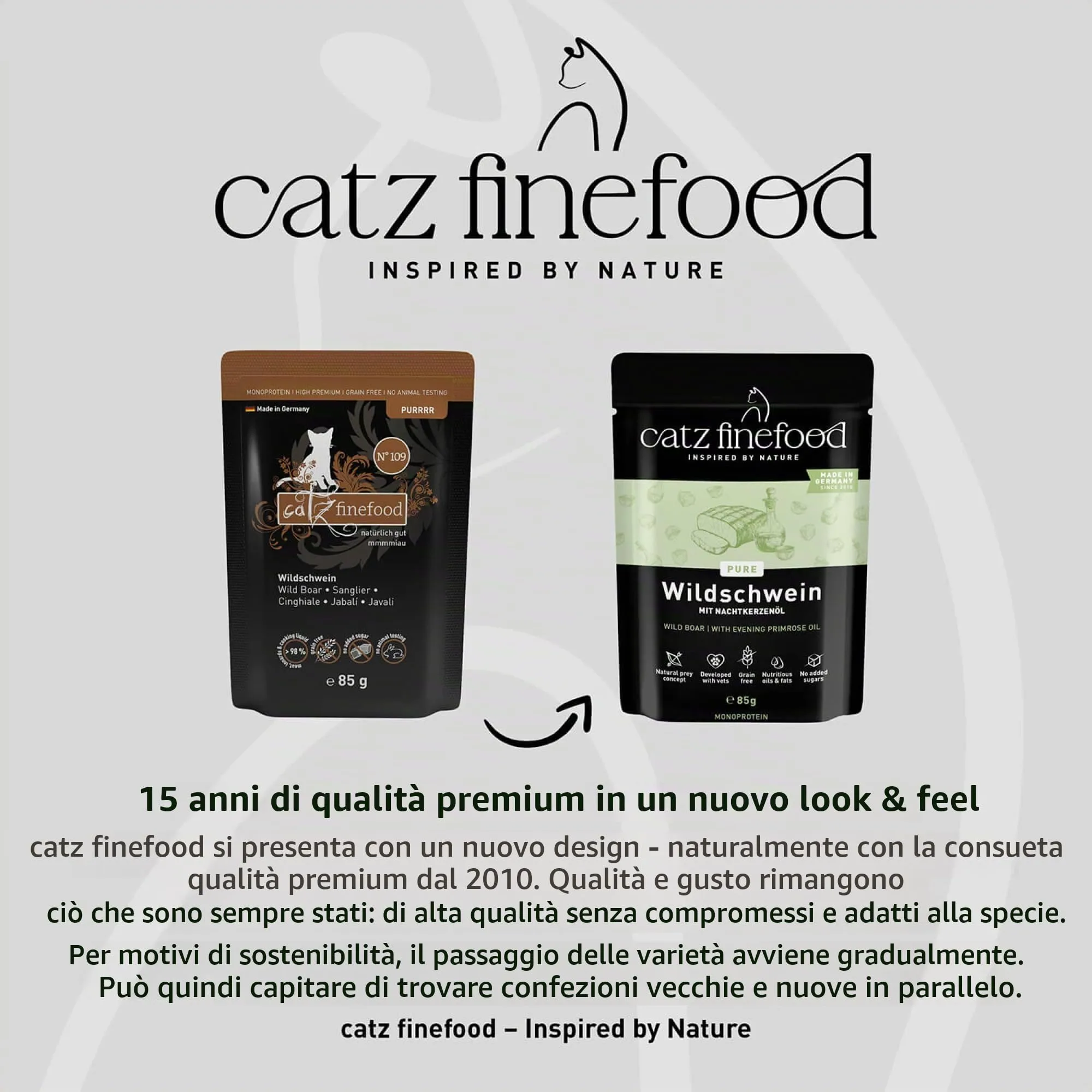 catz finefood Purrrrr Selvatico Monoprotein cibo umido per gatti N° 109, per gatti sensibili alla nutrizione, 70% carne, 16 sacchetti da 85 g - immagine 3
