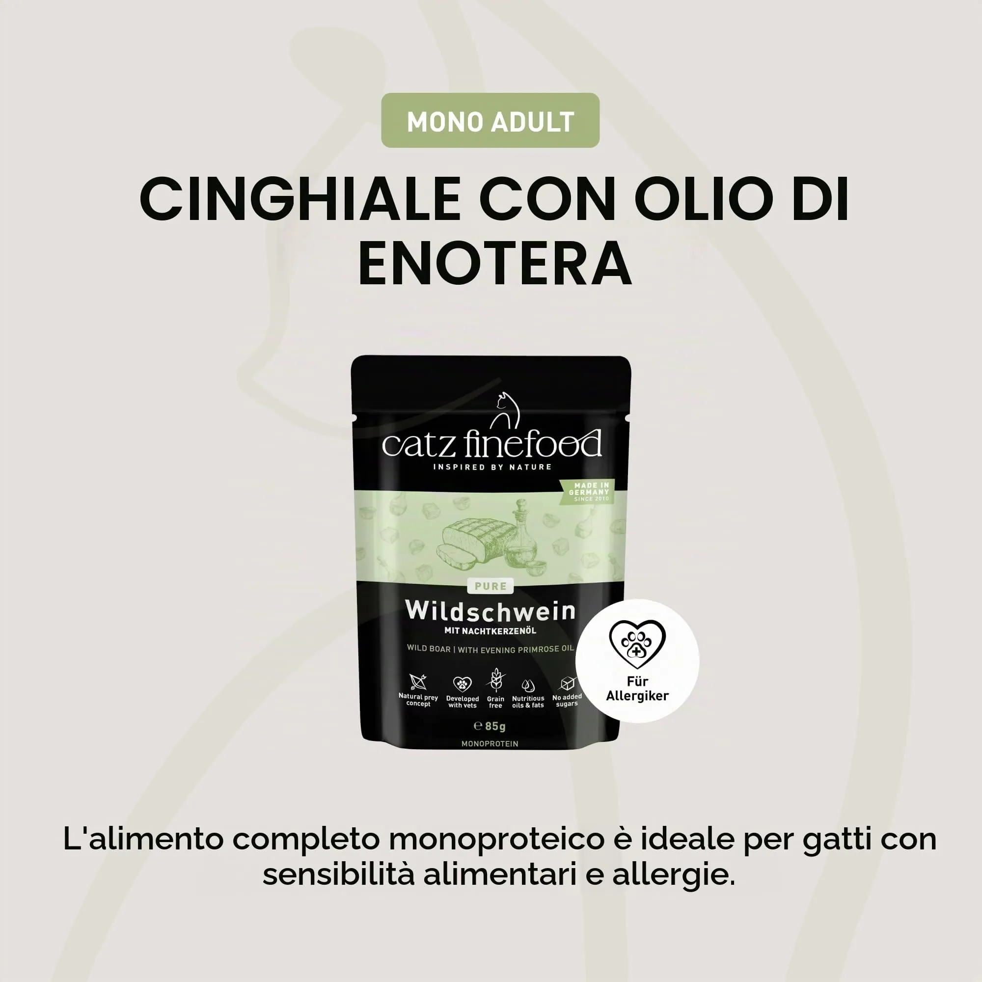 catz finefood Purrrrr Selvatico Monoprotein cibo umido per gatti N° 109, per gatti sensibili alla nutrizione, 70% carne, 16 sacchetti da 85 g - immagine 4
