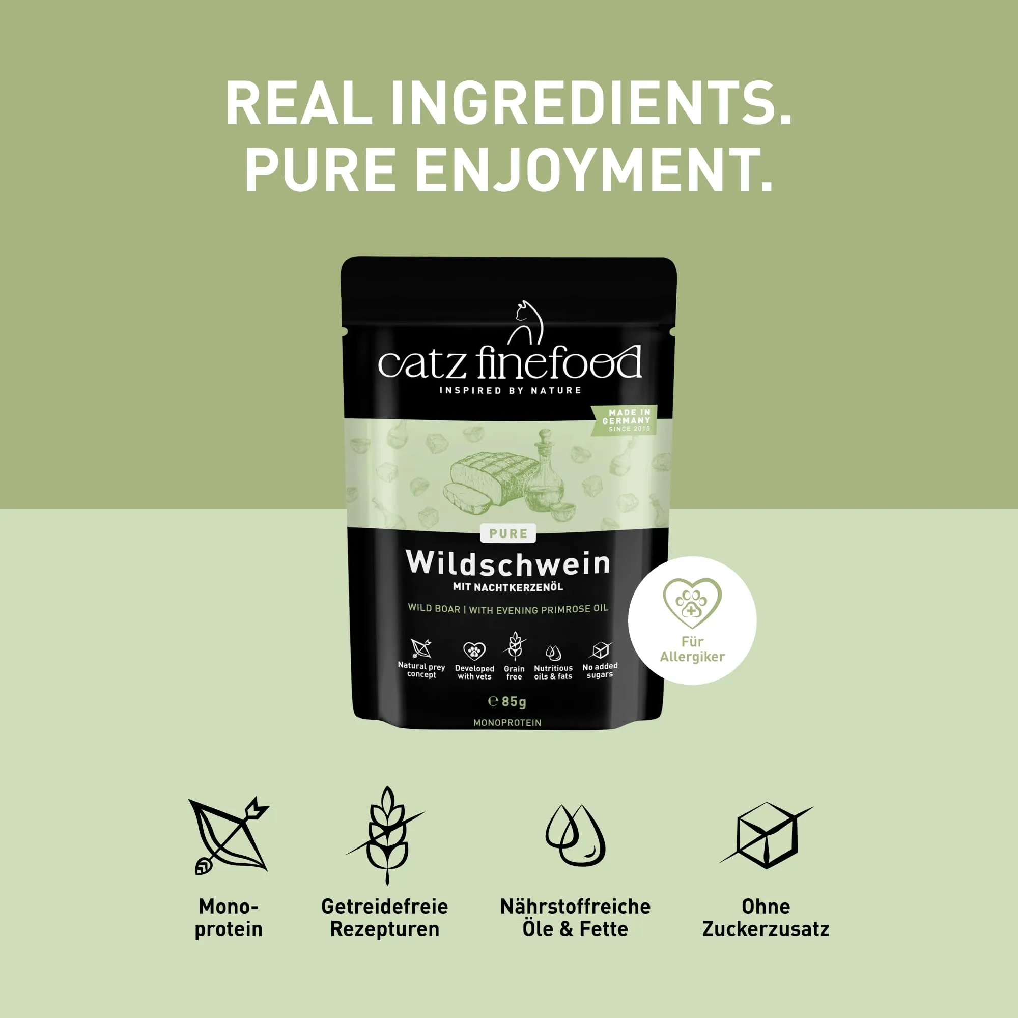 catz finefood Purrrrr Selvatico Monoprotein cibo umido per gatti N° 109, per gatti sensibili alla nutrizione, 70% carne, 16 sacchetti da 85 g - immagine 5
