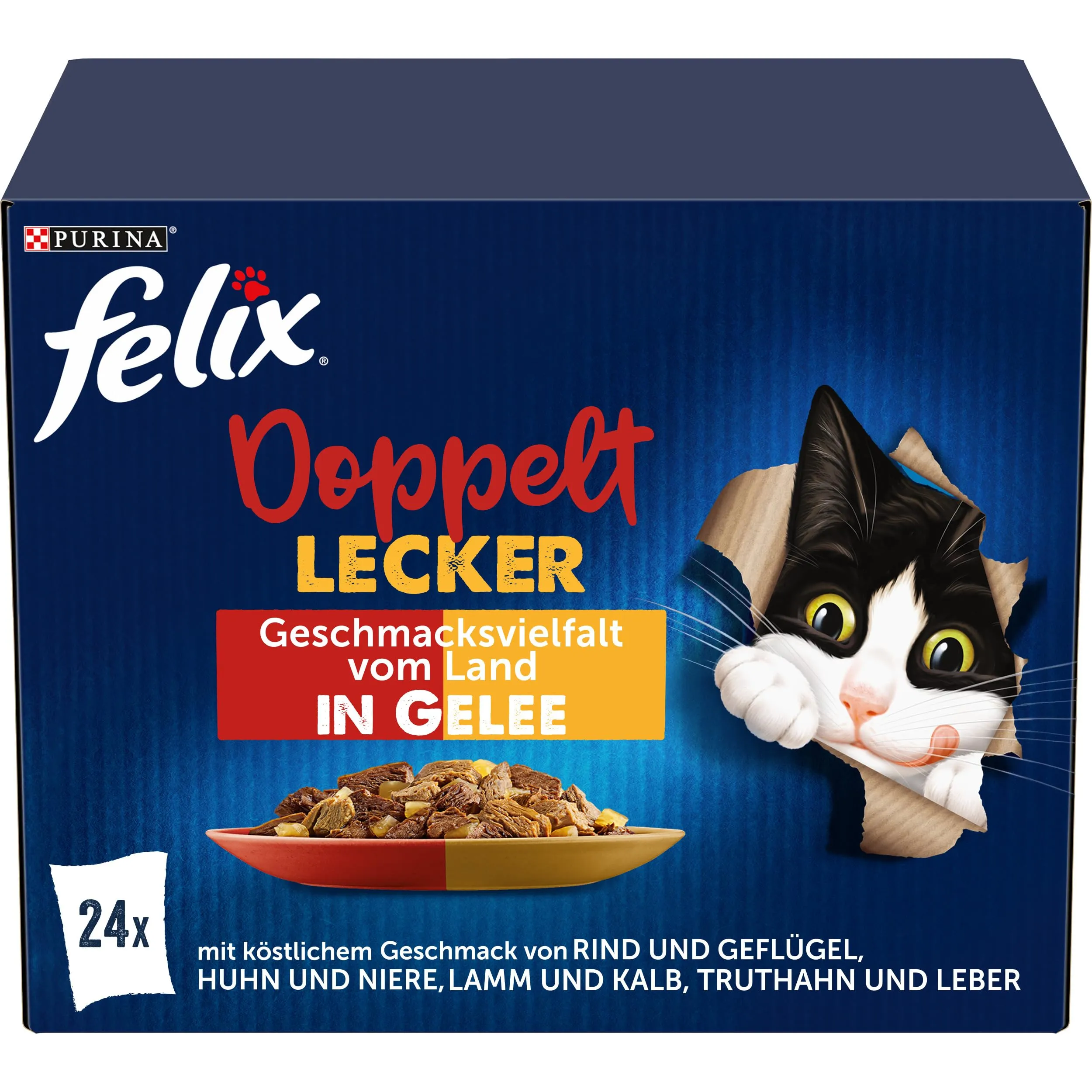 FELIX Ottimo come appare, doppio cibo per gatti bagnato in gelatina, mix di varietà, confezione da 4 (4 x 24 sacchetti da 85 g) - immagine 1