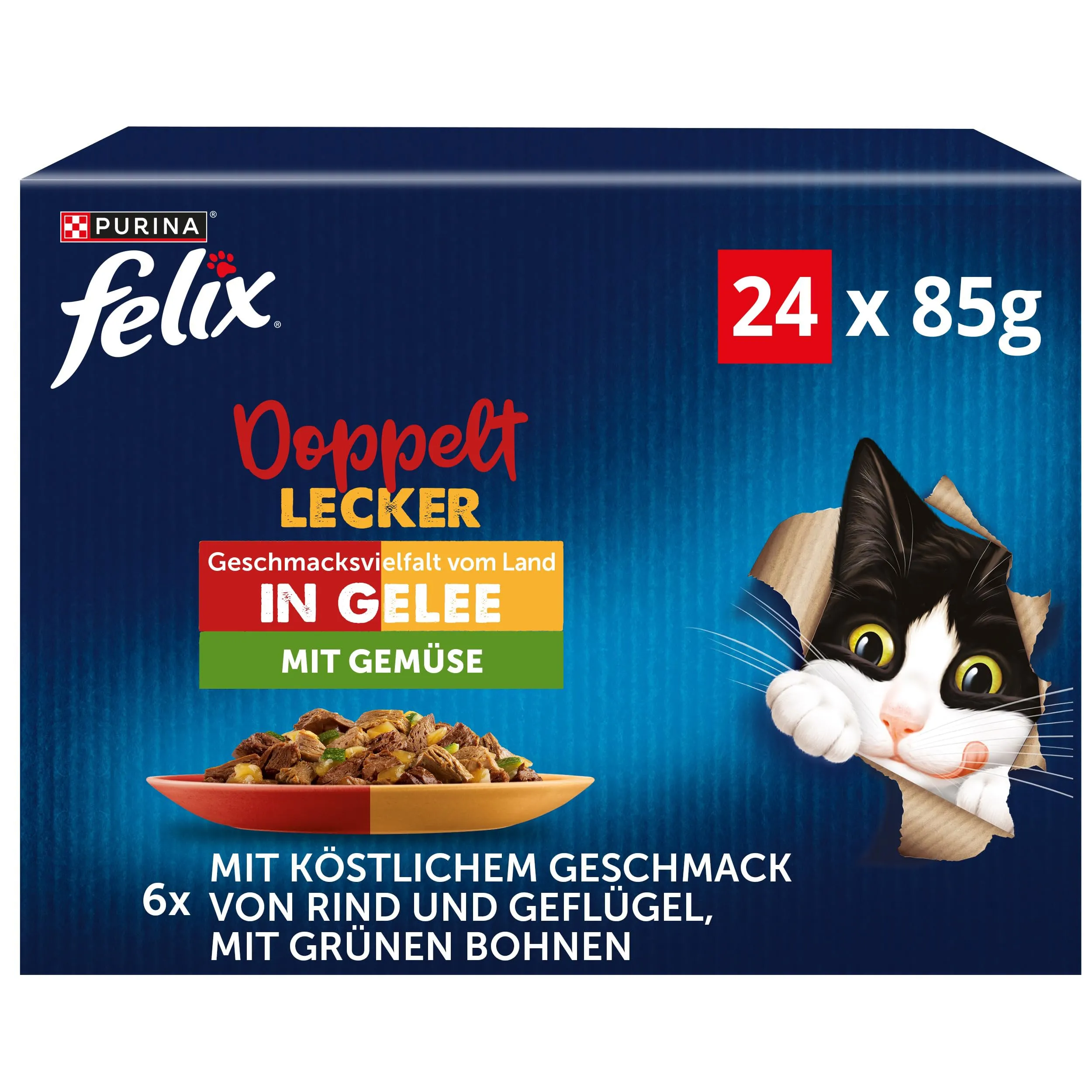 FELIX Ottimo come appare, doppio cibo per gatti bagnato in gelatina, mix di varietà, confezione da 4 (4 x 24 sacchetti da 85 g) - immagine 1