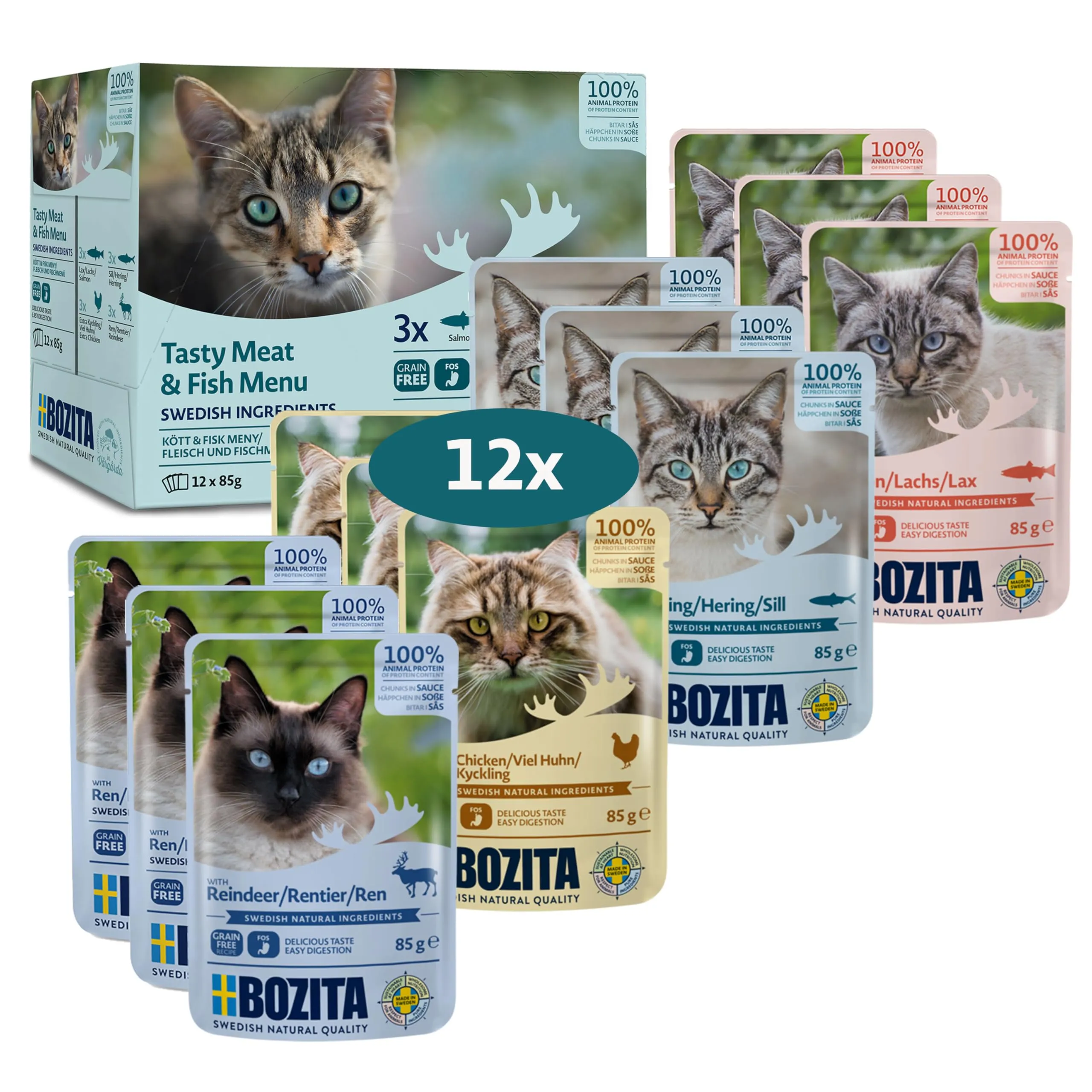 BOZITA Multibox Mixpack salmone, aringhe, molto pollo, renna – tartine in salsa 12 x 85 g sacchetto – cibo umido senza cereali per gatti adulti - immagine 1