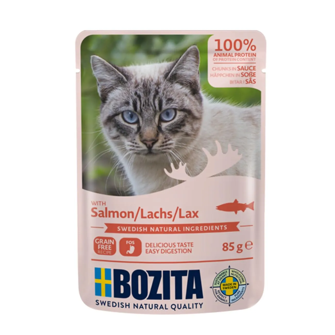 BOZITA Sacchetto per alimenti umidi in salsa con salmone, 12 x 85 g, senza cereali, per gatti adulti - immagine 1