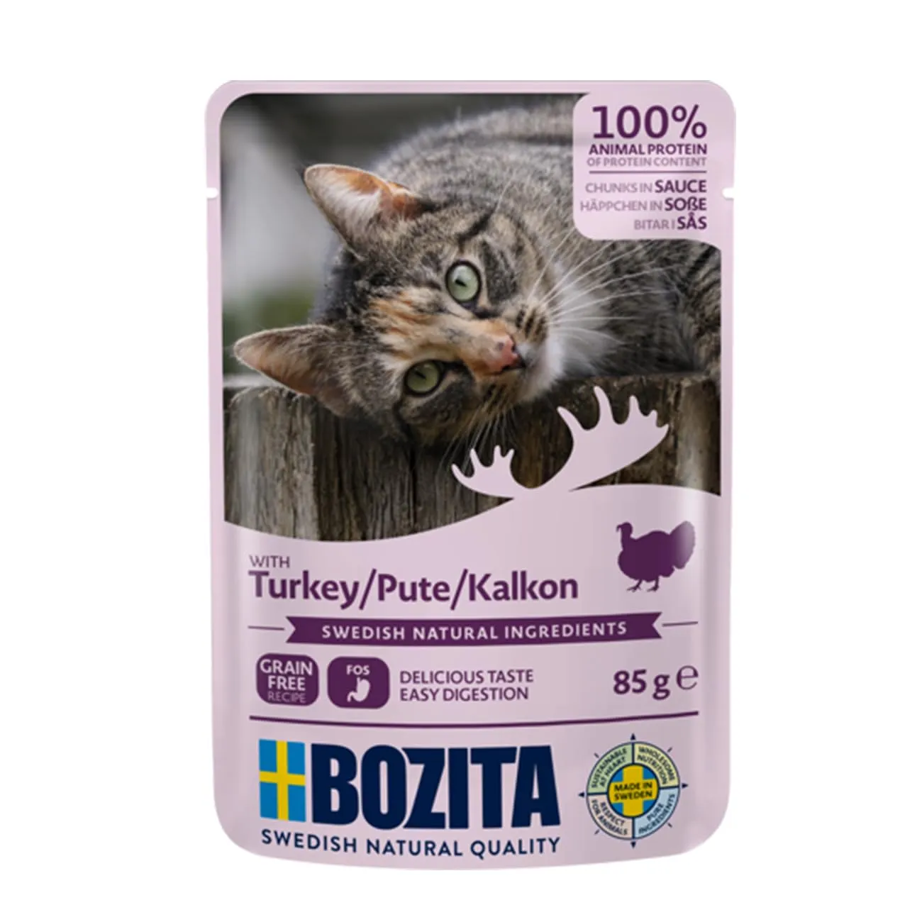 Bozita Pouch cibo umido con tacchino, 12 x 85 g, cibo senza cereali e senza grano per gatti – cibo umido per gatti adulti con 8,5% di proteine e 4,5% di grassi - immagine 1