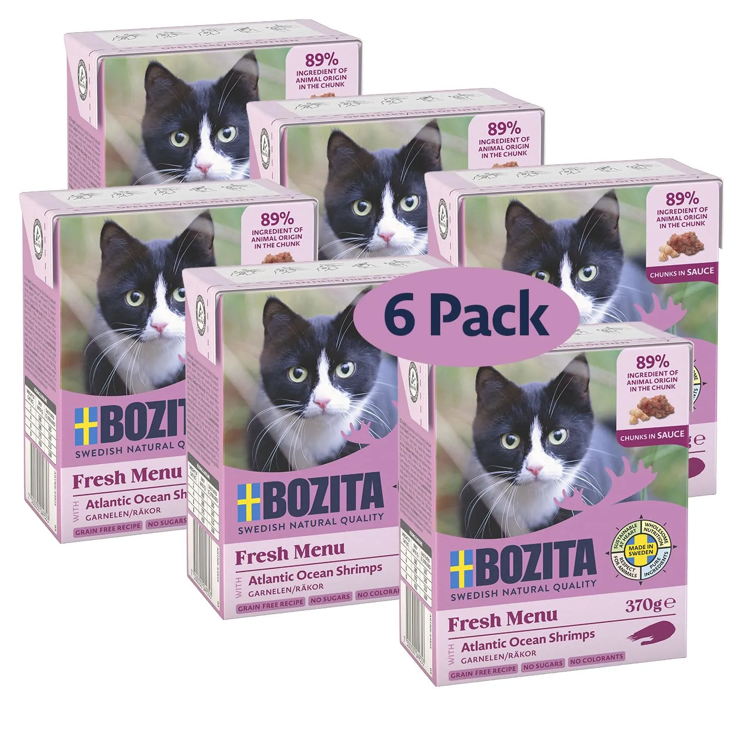 Bozita Tetra cibo umido con gamberetti in salsa – 6 x 370 g di cibo per gatti di alta qualità senza cereali e zucchero, con 7,5% di proteine, 5% di grassi, a pieno titolo, naturale e particolarmente - immagine 1