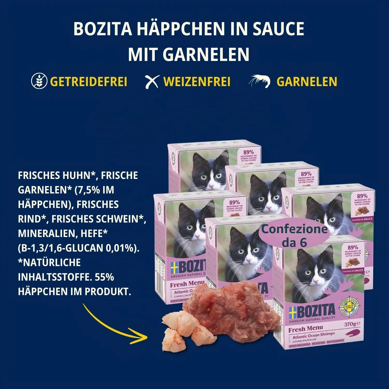 Bozita Tetra cibo umido con gamberetti in salsa – 6 x 370 g di cibo per gatti di alta qualità senza cereali e zucchero, con 7,5% di proteine, 5% di grassi, a pieno titolo, naturale e particolarmente - immagine 3