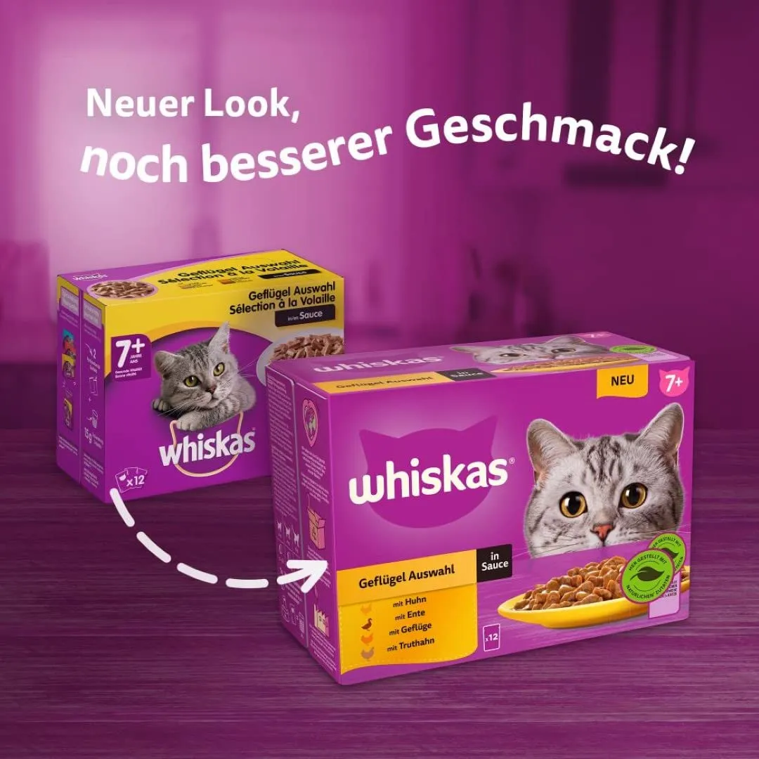 Whiskas 7+ cibo per gatti, pollame a scelta in salsa, 12 x 85 g (4 confezioni) – cibo umido di alta qualità a partire dai 7 anni in 48 sacchetti - immagine 2