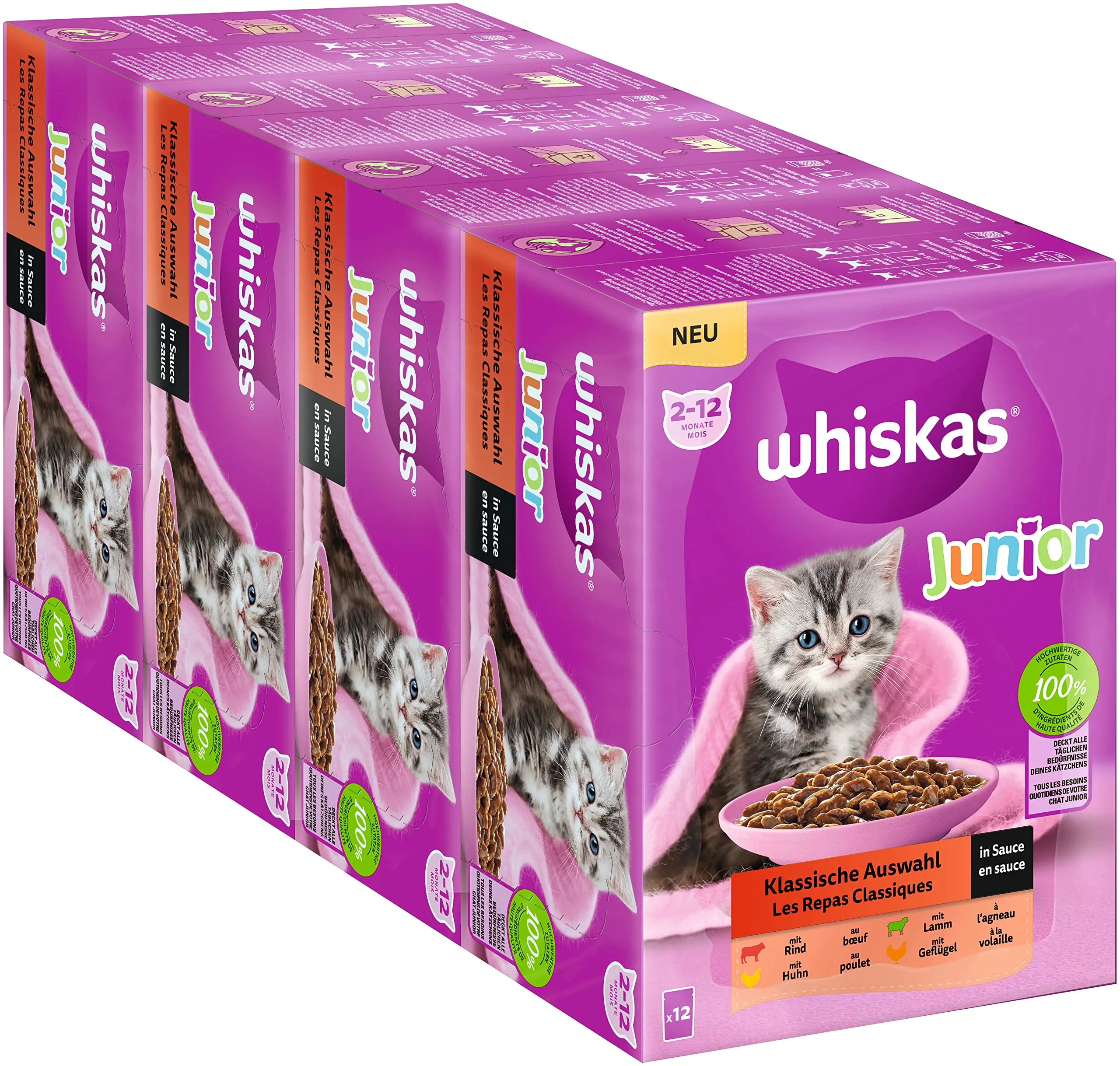 Whiskas Junior - Cibo bagnato per gatti in salsa, 48 sacchetti per porzioni, 12 x 85 g (confezione da 4) – cibo umido di alta qualità, per gatti in crescita da 2 a 12 mesi - immagine 1