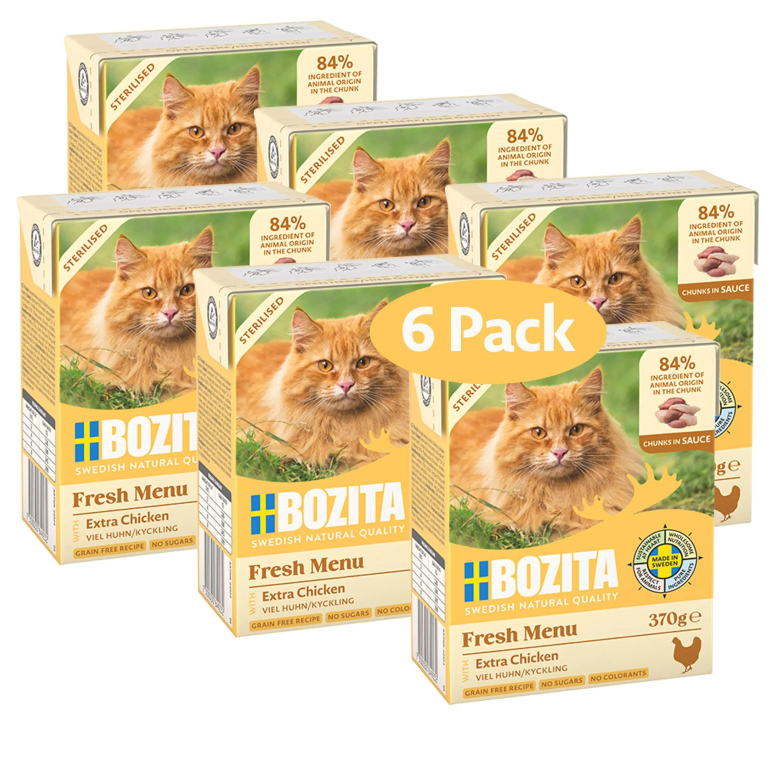 Bozita Tetra Sterilised Snack in salsa con molto pollo, 6 x 370 g, cibo umido per gatti senza cereali, senza zucchero, senza ingegneria genetica, con 8,5% di proteine e 4,5% di grassi, di alta qualità - immagine 1