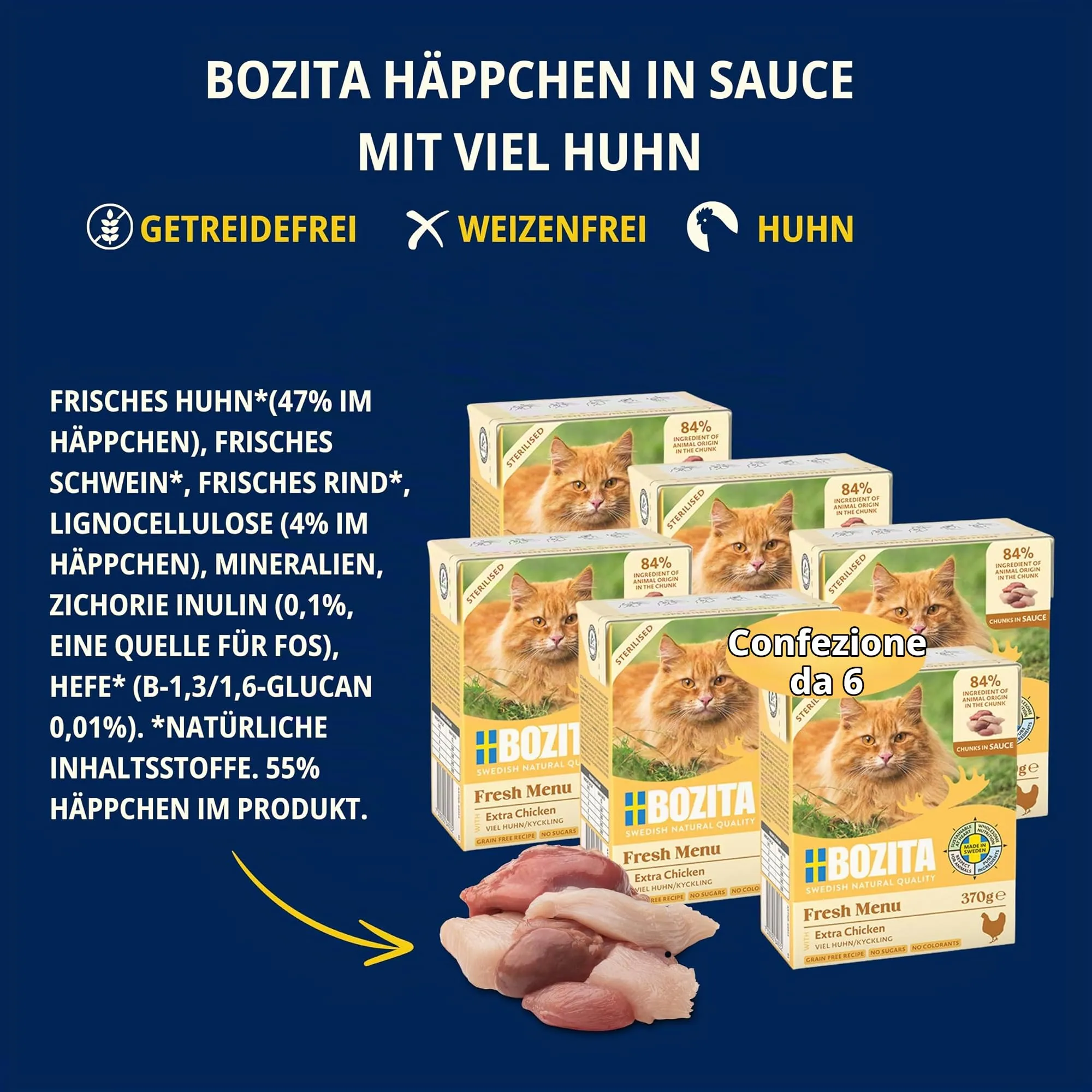 Bozita Tetra Sterilised Snack in salsa con molto pollo, 6 x 370 g, cibo umido per gatti senza cereali, senza zucchero, senza ingegneria genetica, con 8,5% di proteine e 4,5% di grassi, di alta qualità - immagine 3