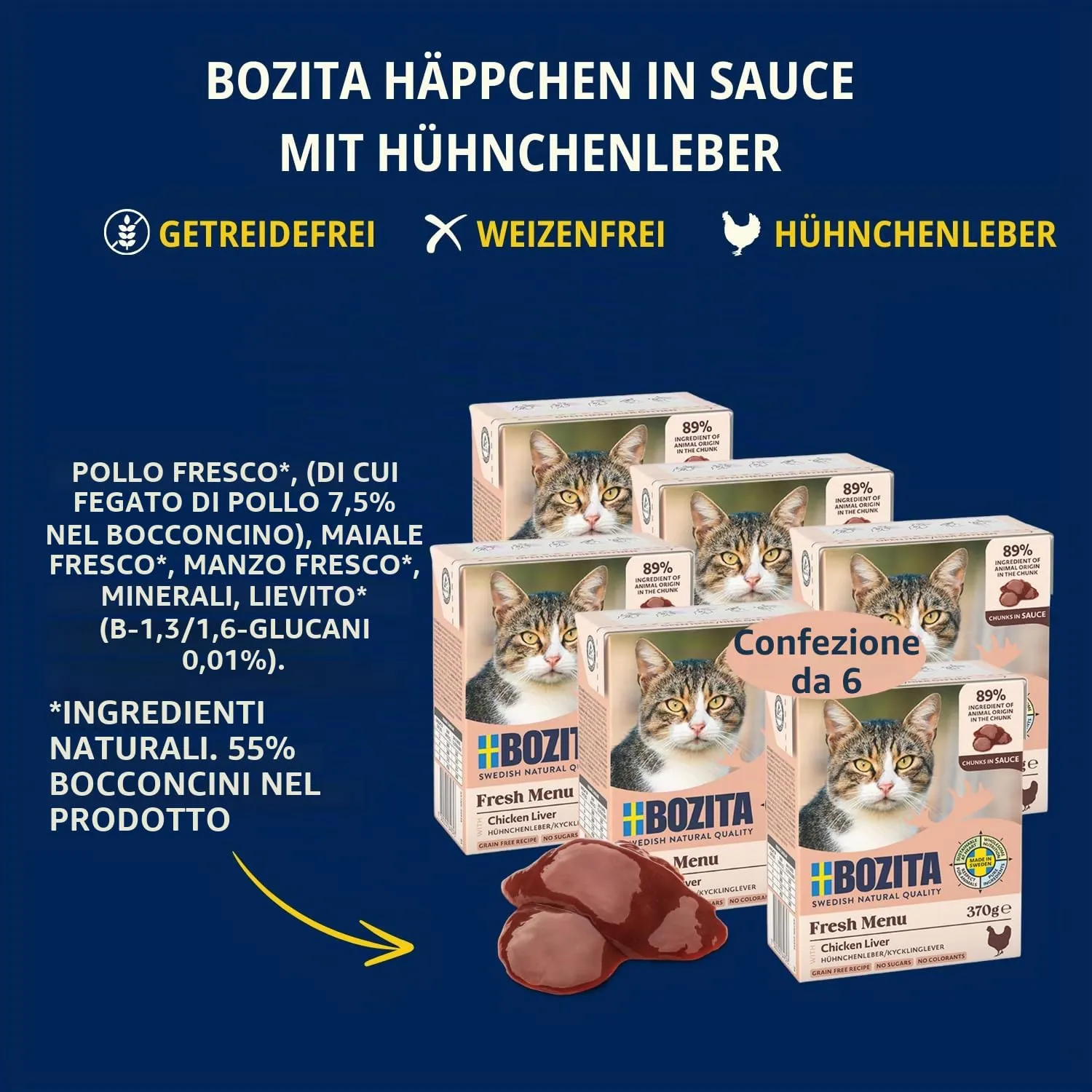 Bozita Tetra Snack in salsa con fegato di pollo, 6 x 370 g, cibo umido senza cereali e zucchero per gatti senza ingegneria genetica, 7,5% di proteine e 5% di grassi, di alta qualità e particolarmente - immagine 3