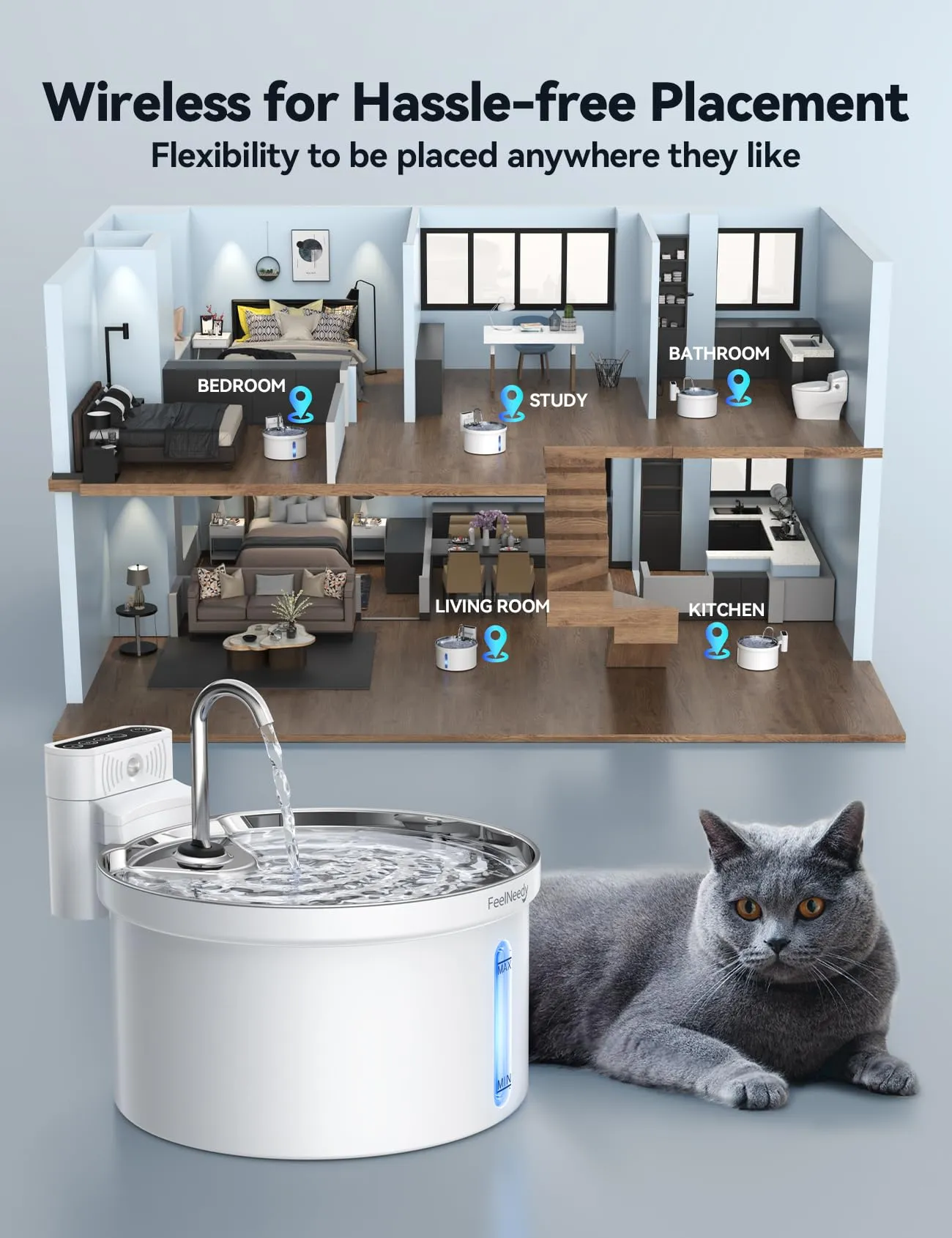 FEELNEEDY Fontanella per Gatti Senza Fili con Sensore-3.5L con 6 Set Filtri - immagine 3
