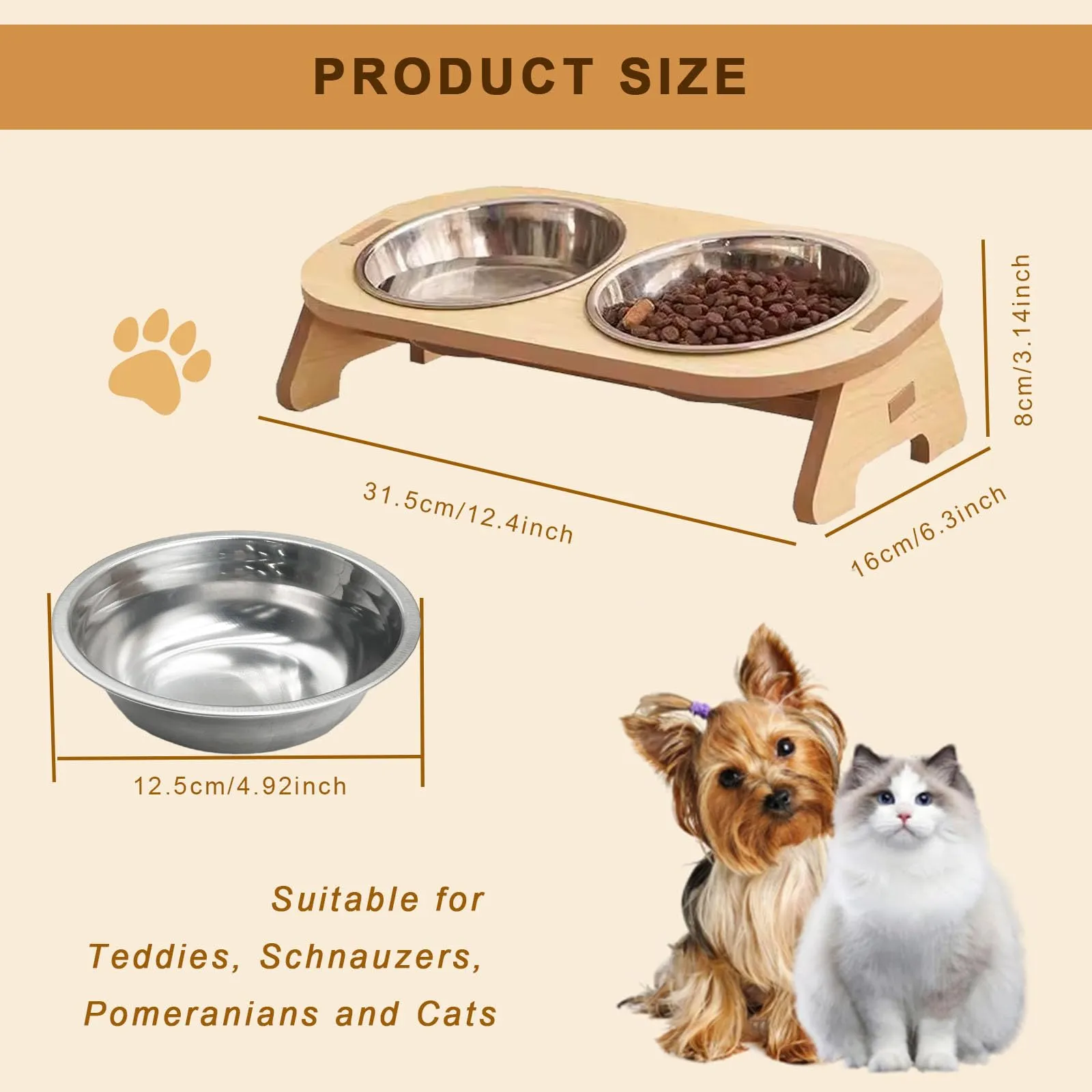 Druuzyl Ciotola per Gatti Rialzata in Acciaio Inox con Supporto in Bambù - Doppia Ciotola Antiscivolo per Cibo e Acqua, Mangiatoia Ergonomic per Gatti/Cani/Cuccioli, Design Moderno - immagine 2
