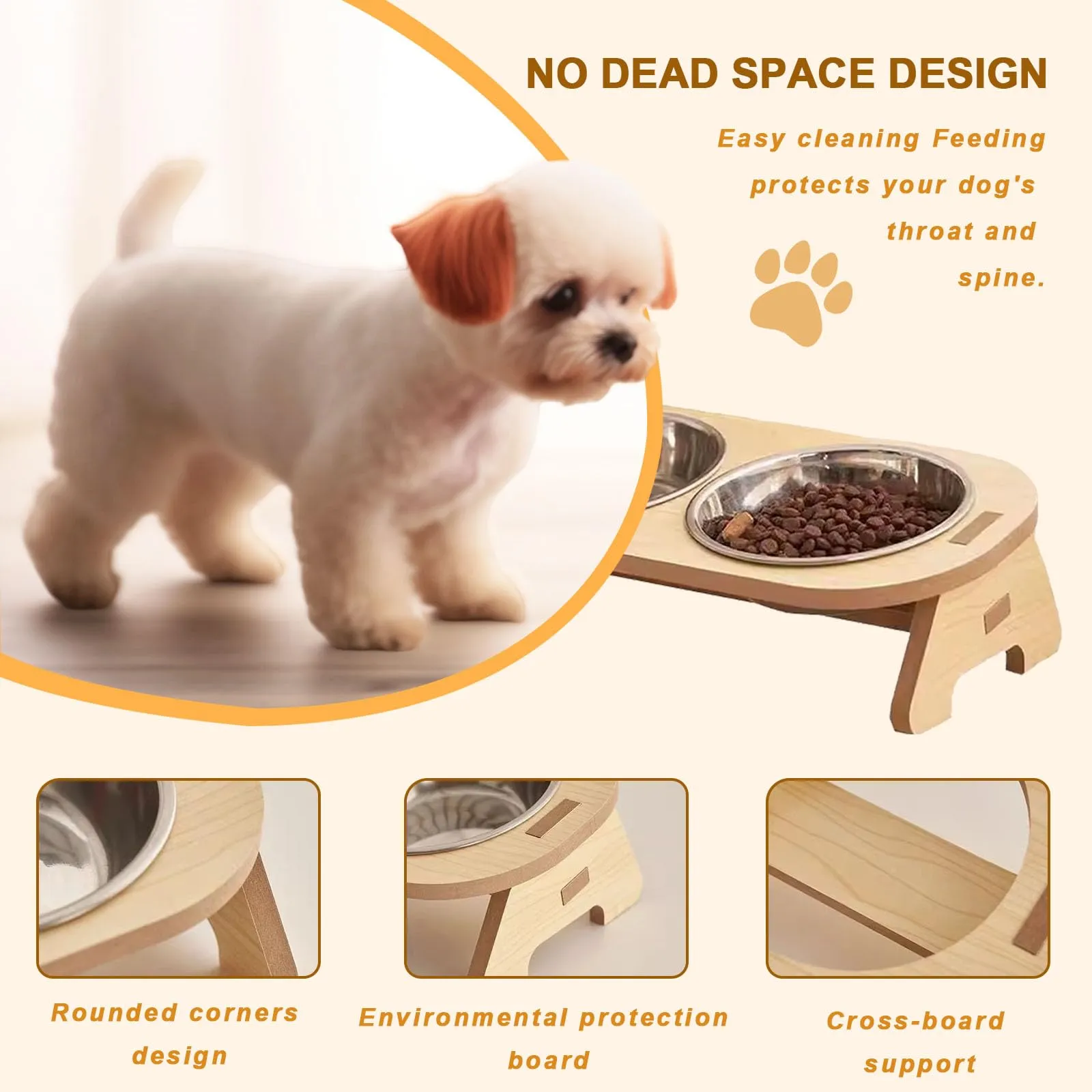 Druuzyl Ciotola per Gatti Rialzata in Acciaio Inox con Supporto in Bambù - Doppia Ciotola Antiscivolo per Cibo e Acqua, Mangiatoia Ergonomic per Gatti/Cani/Cuccioli, Design Moderno - immagine 3